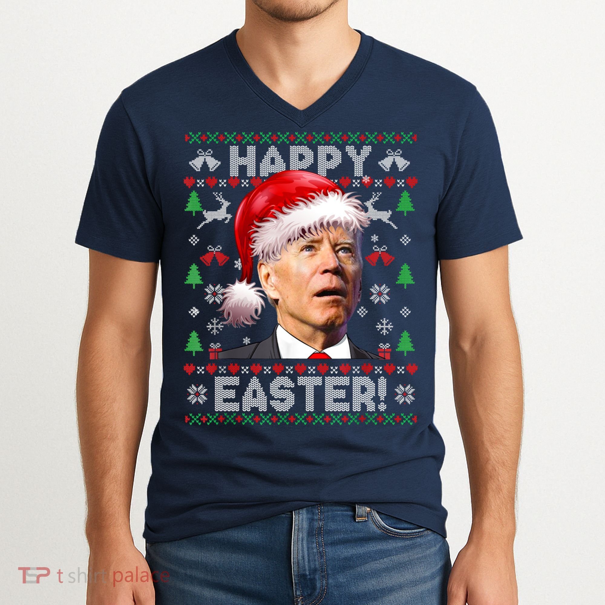 Santa Joe Biden Happy Easter Ugly Christmas Sweater V-Neck T-Shirt