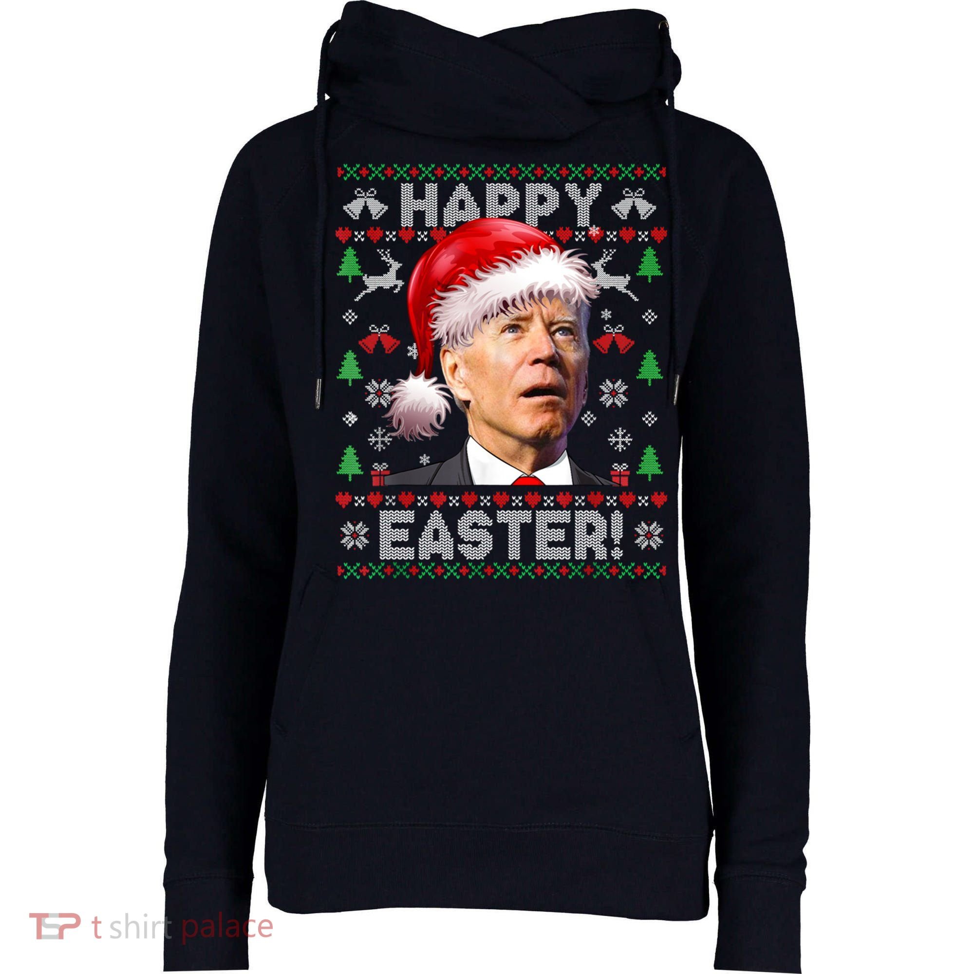 Santa Joe Biden Happy Easter Ugly Christmas Sweater Womens Funnel Neck Pullover Hood