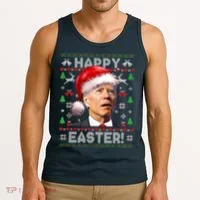 Santa Joe Biden Happy Easter Ugly Christmas Sweater Tank Top thumb 3