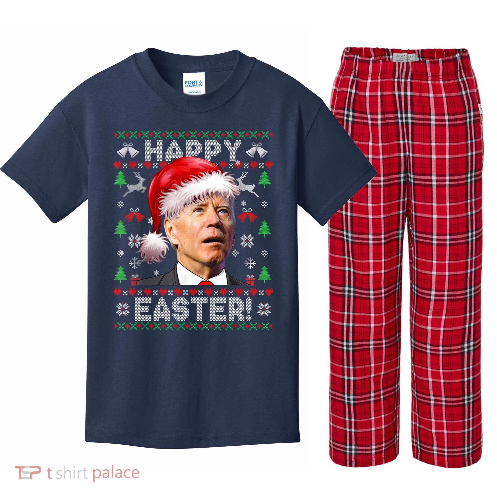 Santa Joe Biden Happy Easter Ugly Christmas Sweater Kids Plaid Pajama Set