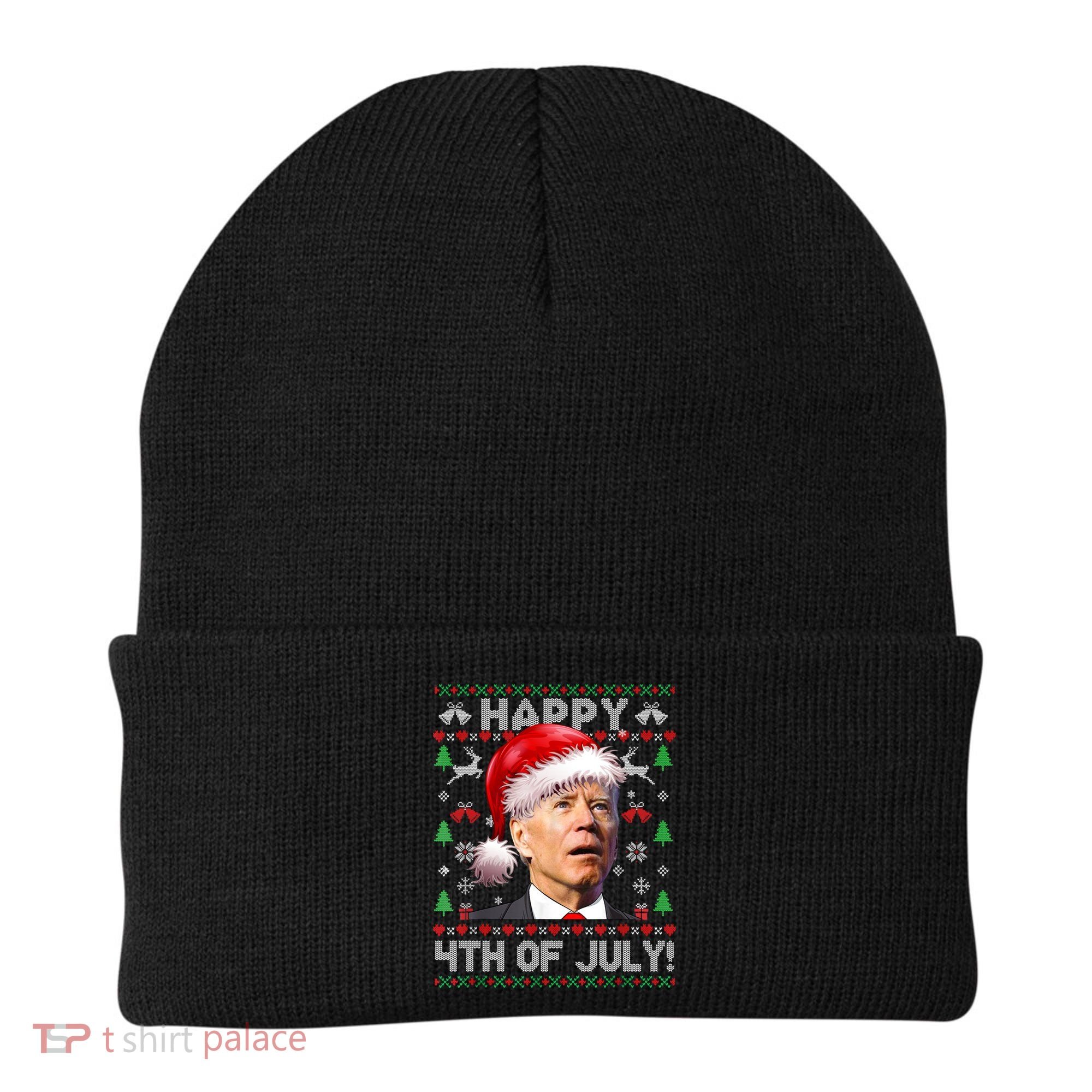 Santa Joe Biden Happy 4th Of July Ugly Christmas Sweater Beanie