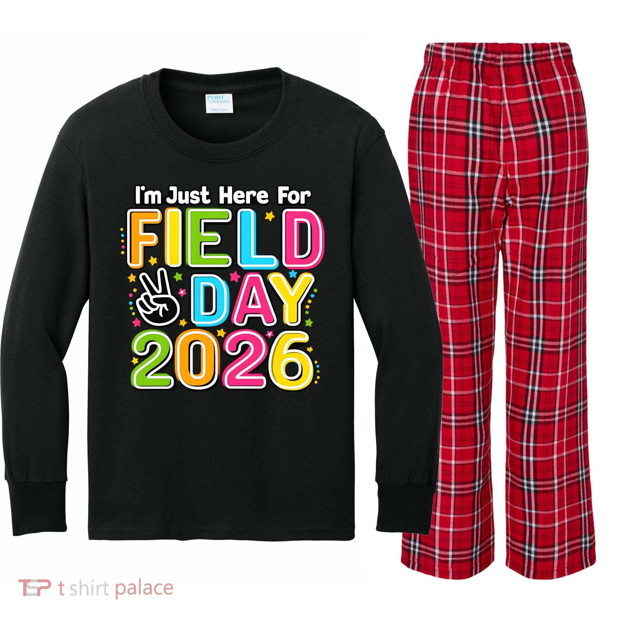 School Just Here For Field Day Teacher Student 2026 Kids Long Sleeve Plaid Pajama Set