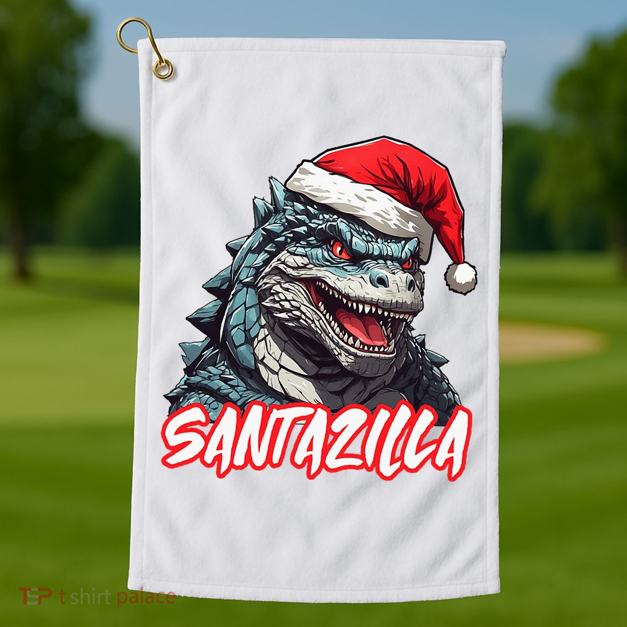 Santazilla Japanese Monster Kaiju Christmas Golf Towel
