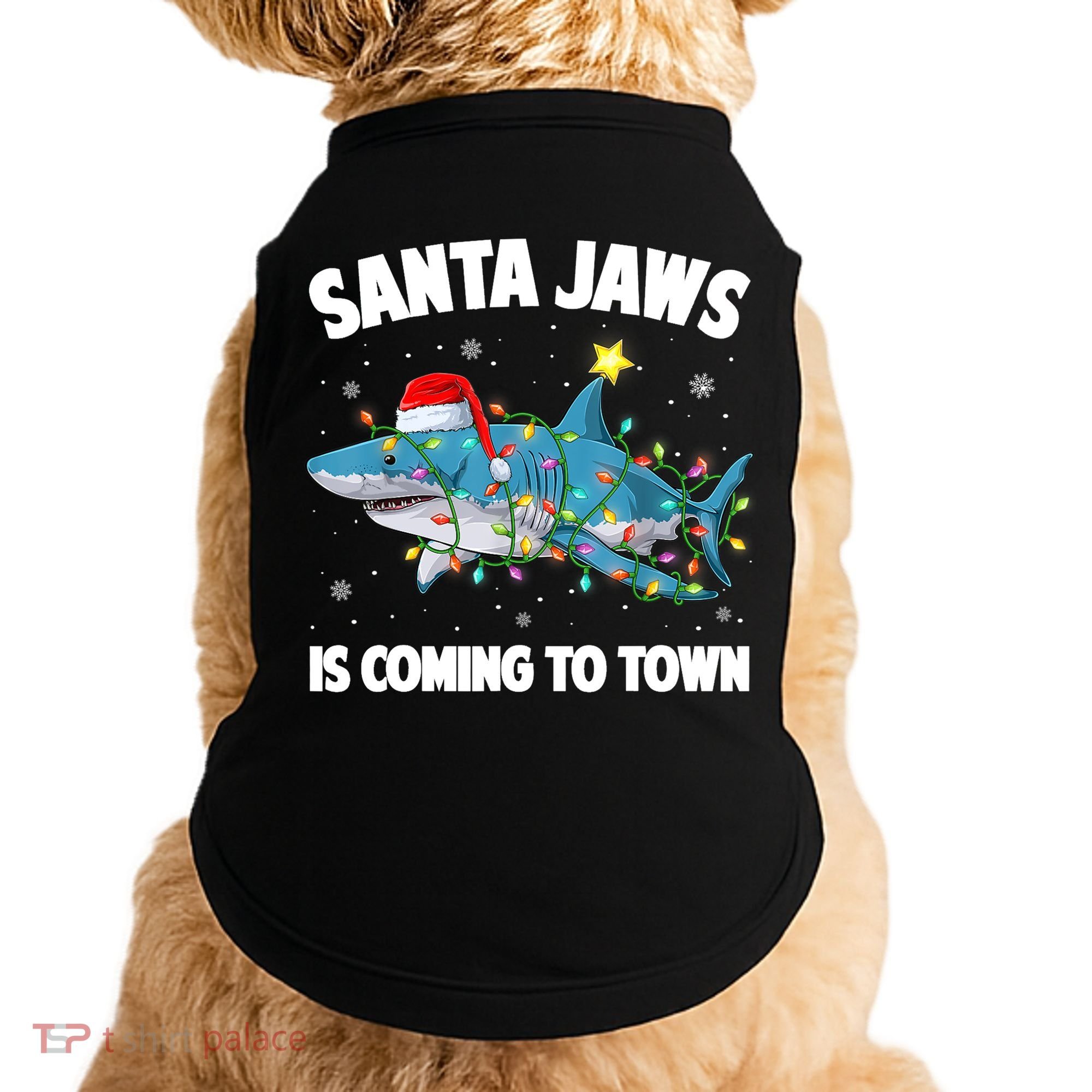 Santa Jaws Shark Christmas Lights Merry Sharkmas Xmas Boys TShirt Doggie Tank