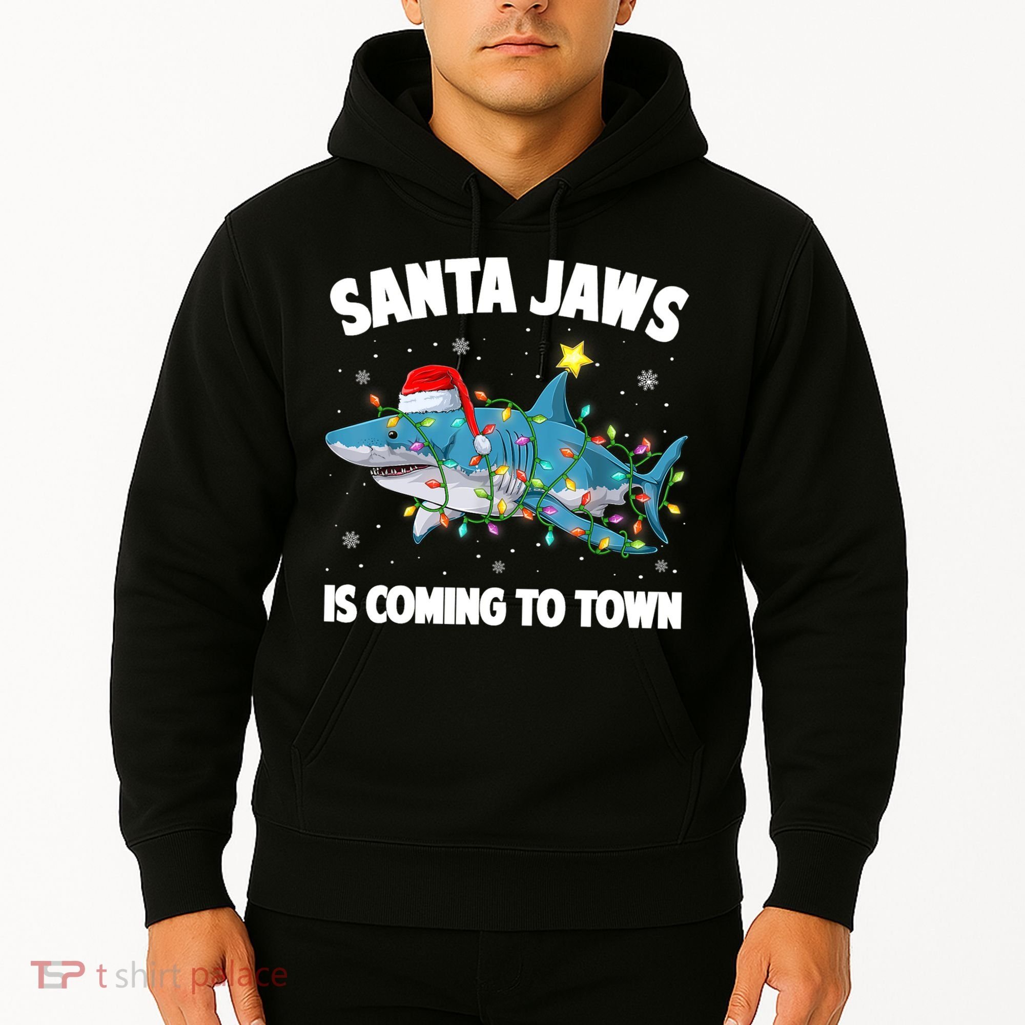Santa Jaws Shark Christmas Lights Merry Sharkmas Xmas Boys TShirt Hoodie