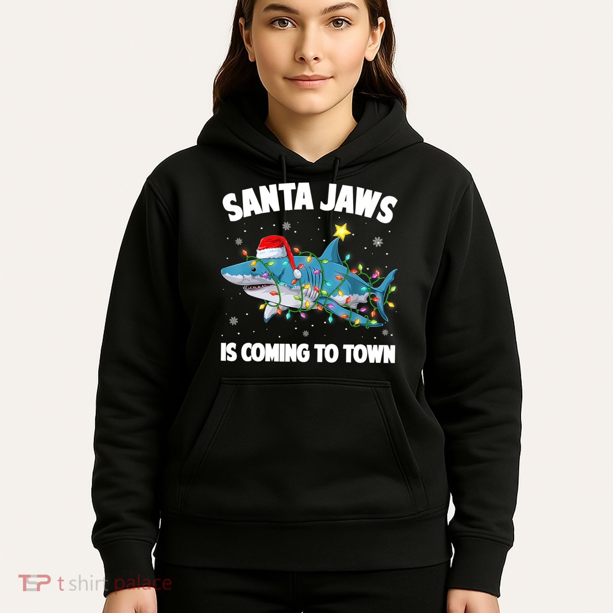 Santa Jaws Shark Christmas Lights Merry Sharkmas Xmas Boys TShirt Hoodie