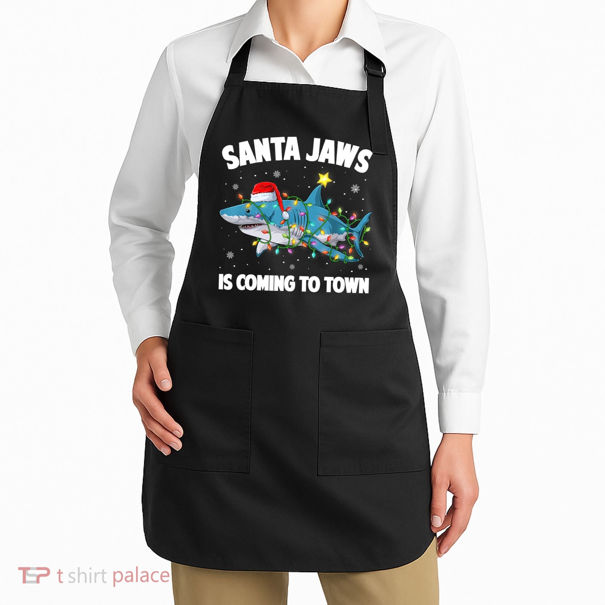 Santa Jaws Shark Christmas Lights Merry Sharkmas Xmas Boys TShirt Apron