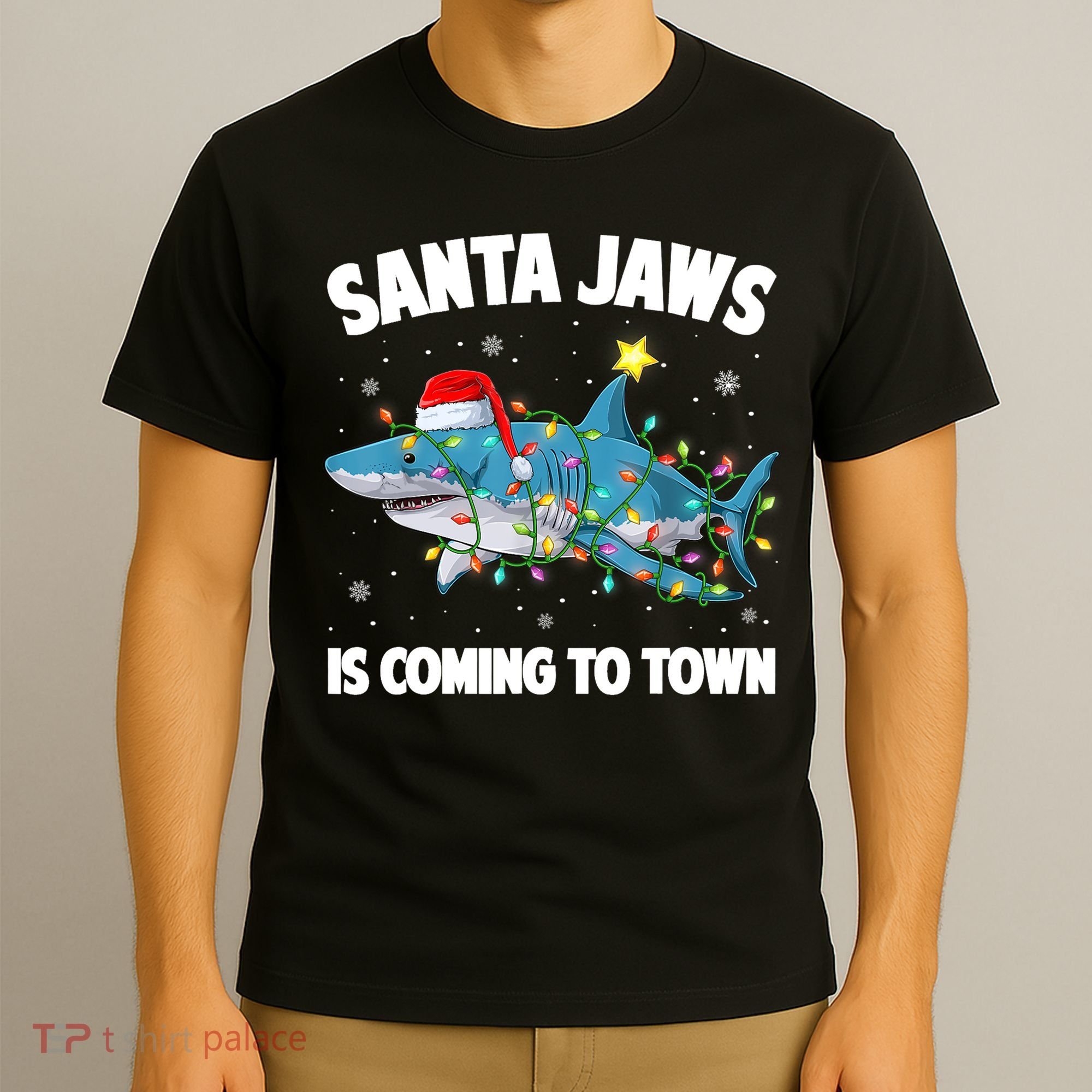 Santa Jaws Shark Christmas Lights Merry Sharkmas Xmas Boys TShirt T-Shirt