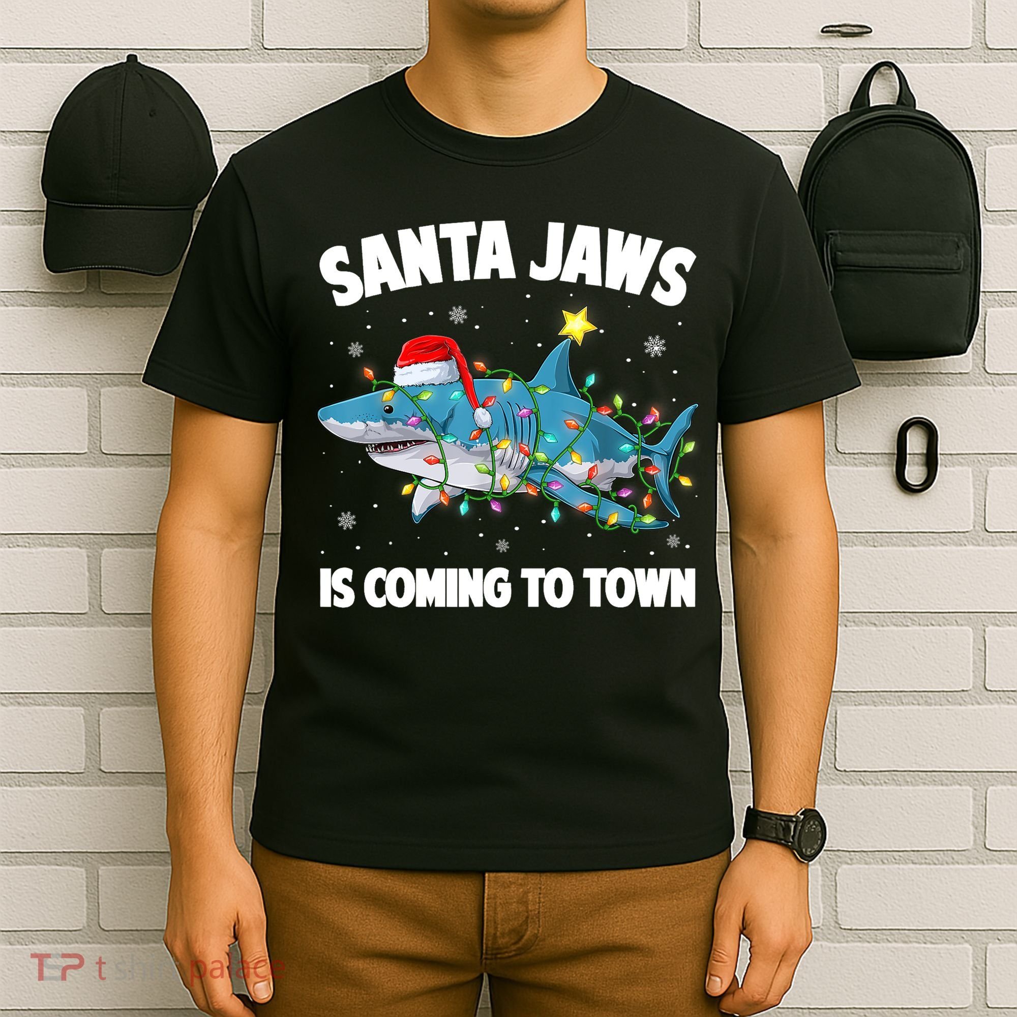 Santa Jaws Shark Christmas Lights Merry Sharkmas Xmas Boys TShirt T-Shirt
