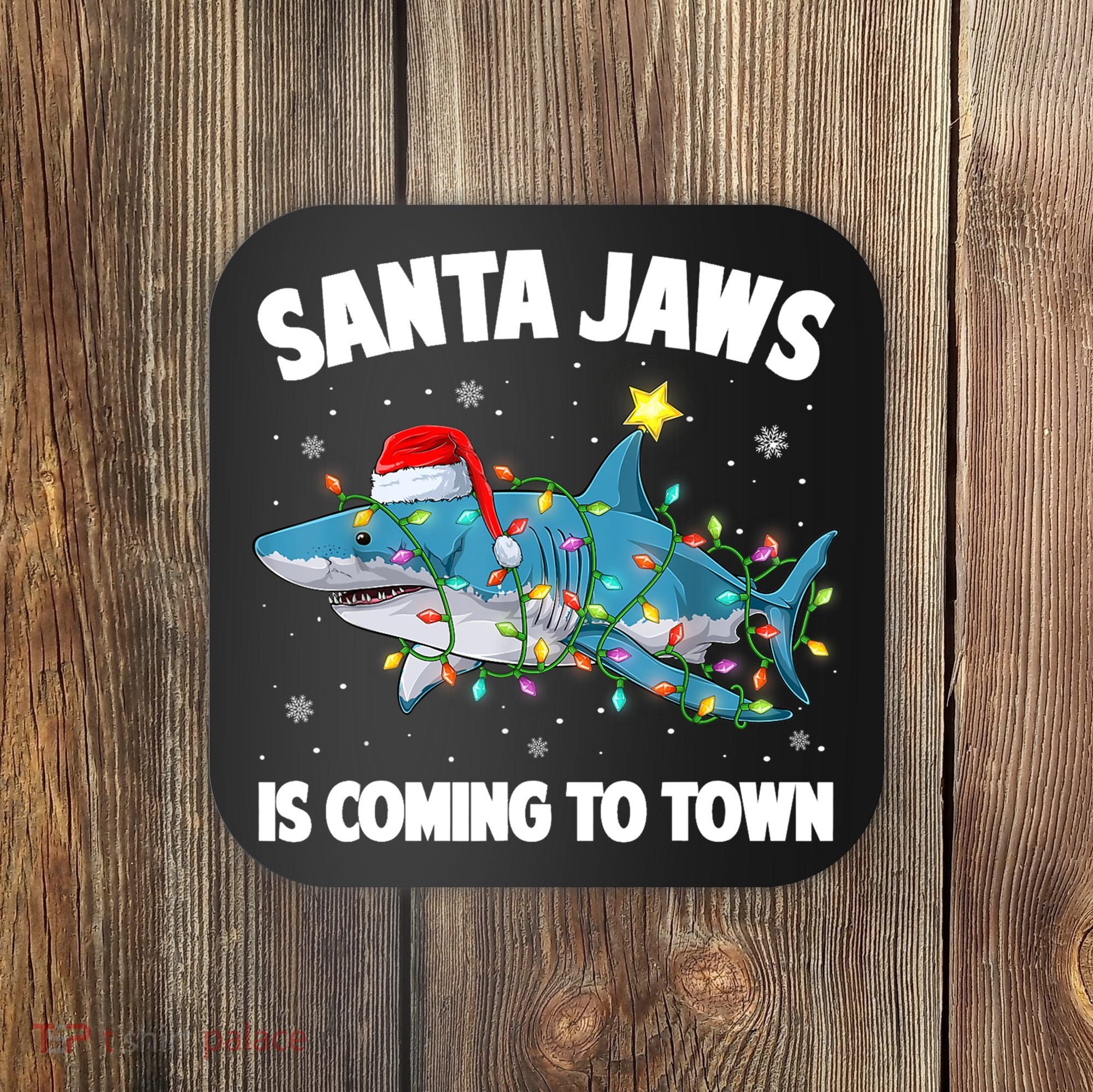 Santa Jaws Shark Christmas Lights Merry Sharkmas Xmas Boys TShirt Coaster