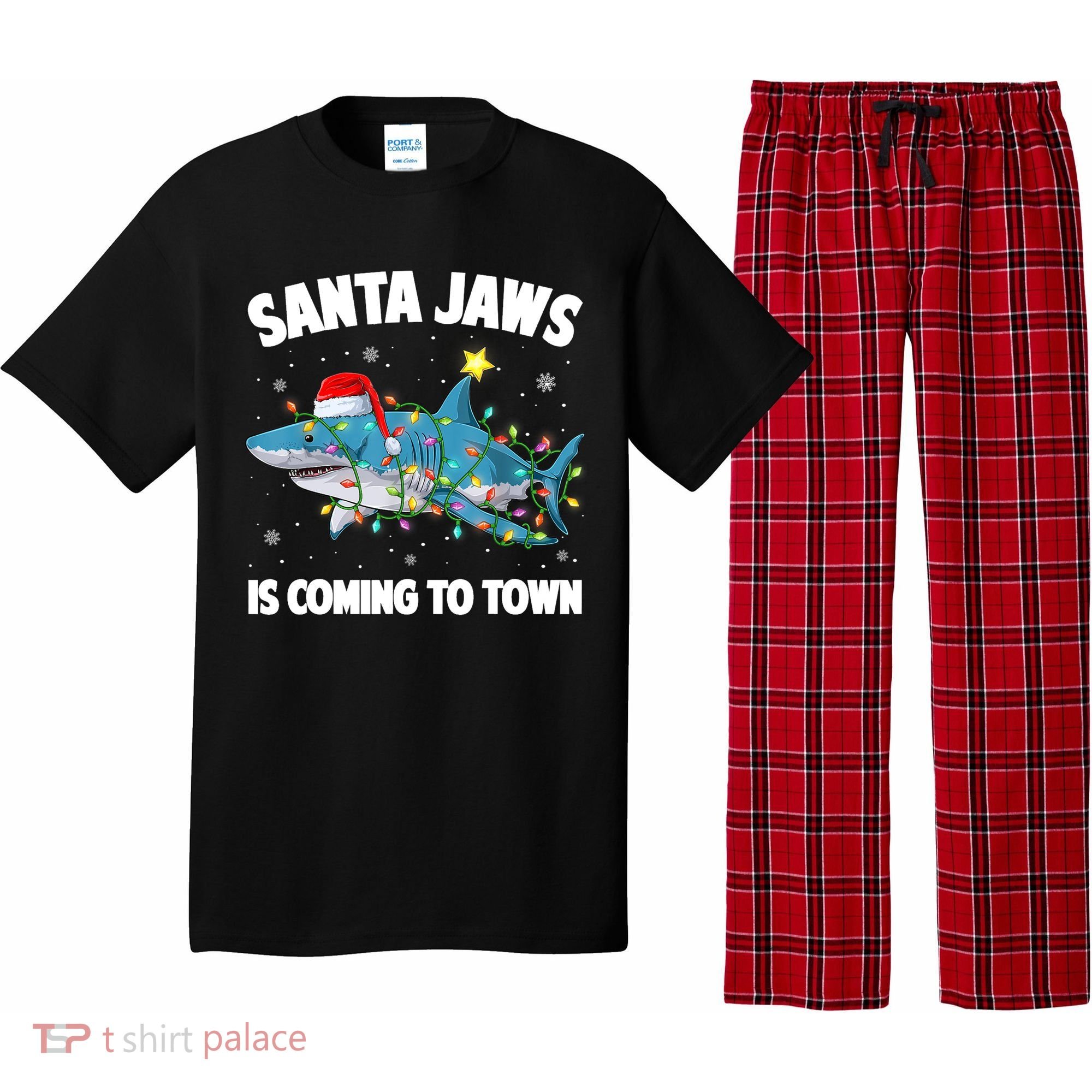 Santa Jaws Shark Christmas Lights Merry Sharkmas Xmas Boys TShirt Pajama Set