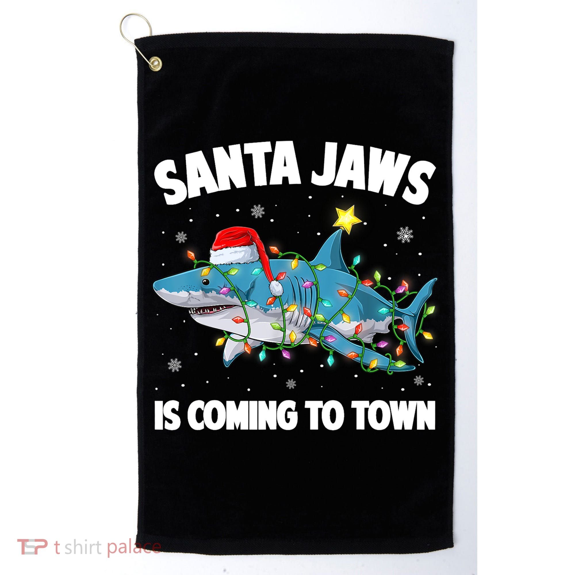 Santa Jaws Shark Christmas Lights Merry Sharkmas Xmas Boys TShirt Golf Towel