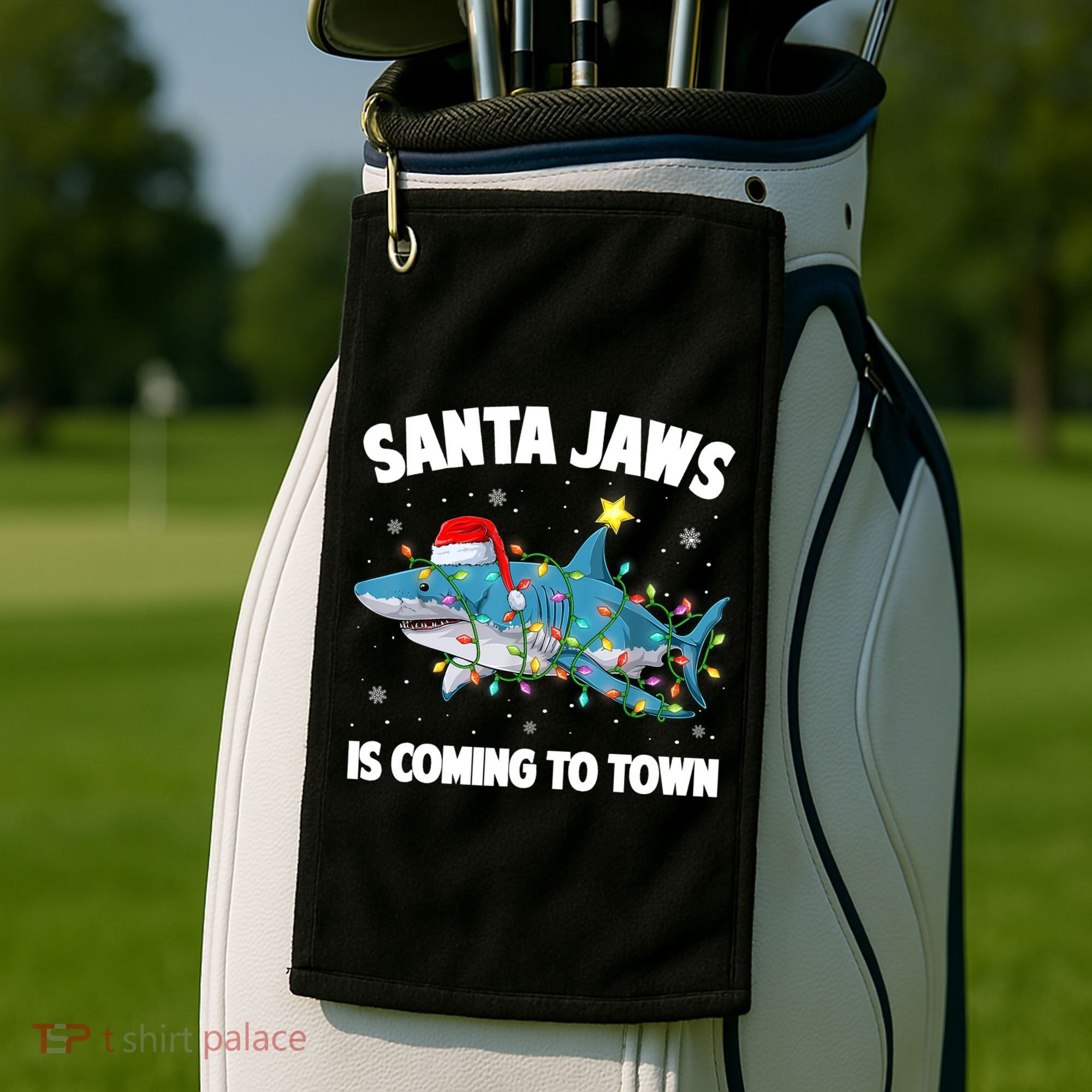 Santa Jaws Shark Christmas Lights Merry Sharkmas Xmas Boys TShirt Golf Towel