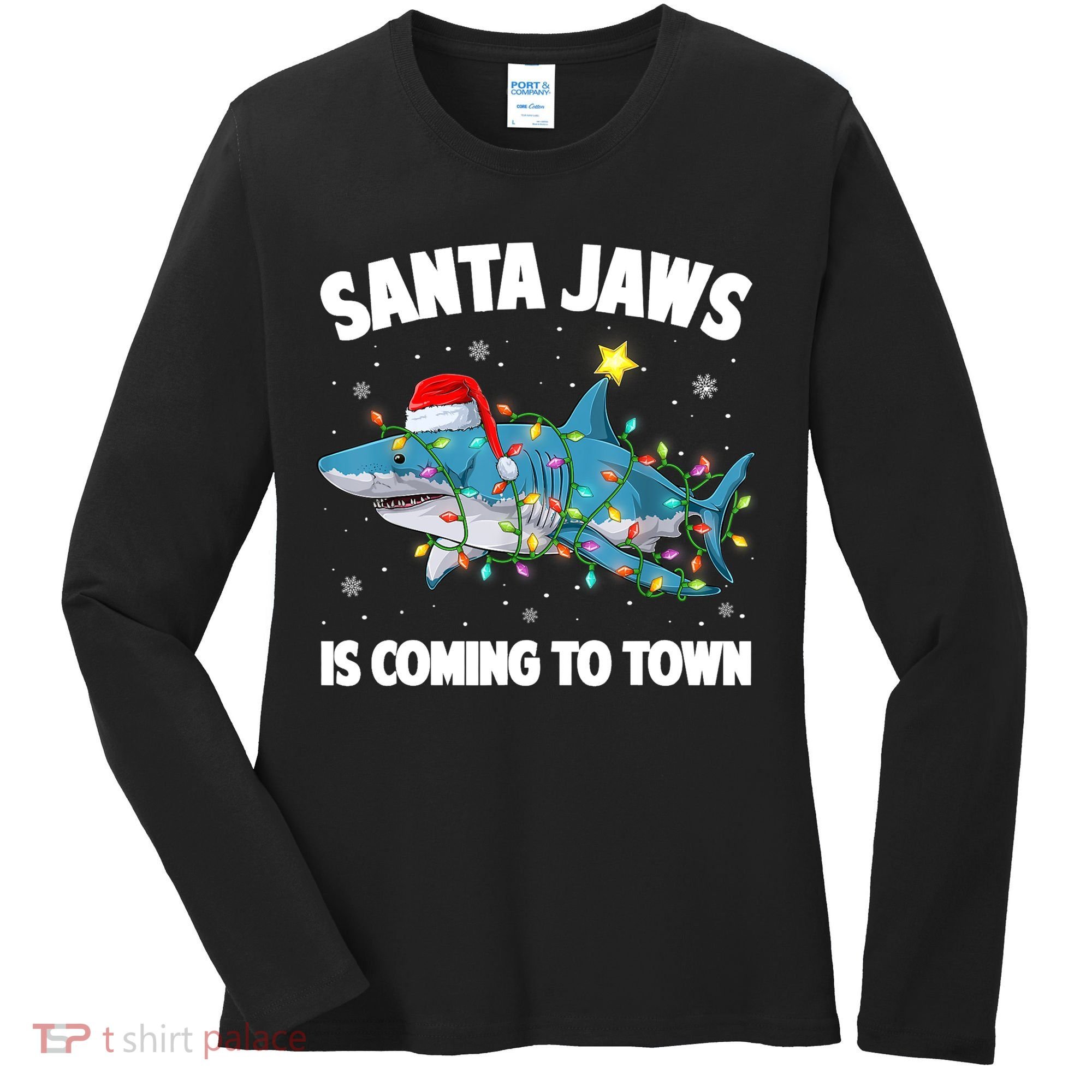 Santa Jaws Shark Christmas Lights Merry Sharkmas Xmas Boys TShirt Women's Long Sleeve Shirt