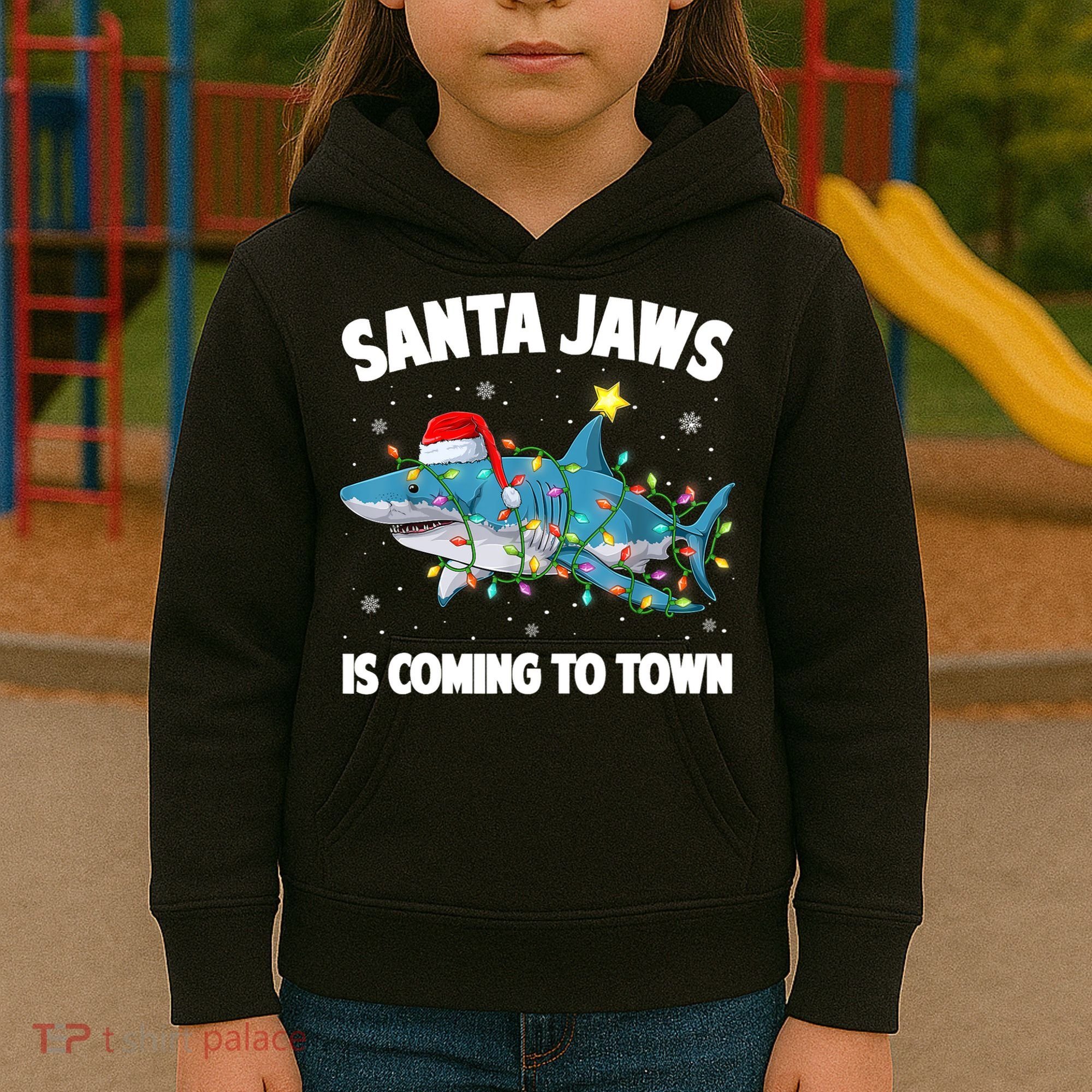 Santa Jaws Shark Christmas Lights Merry Sharkmas Xmas Boys TShirt Kids Hoodie
