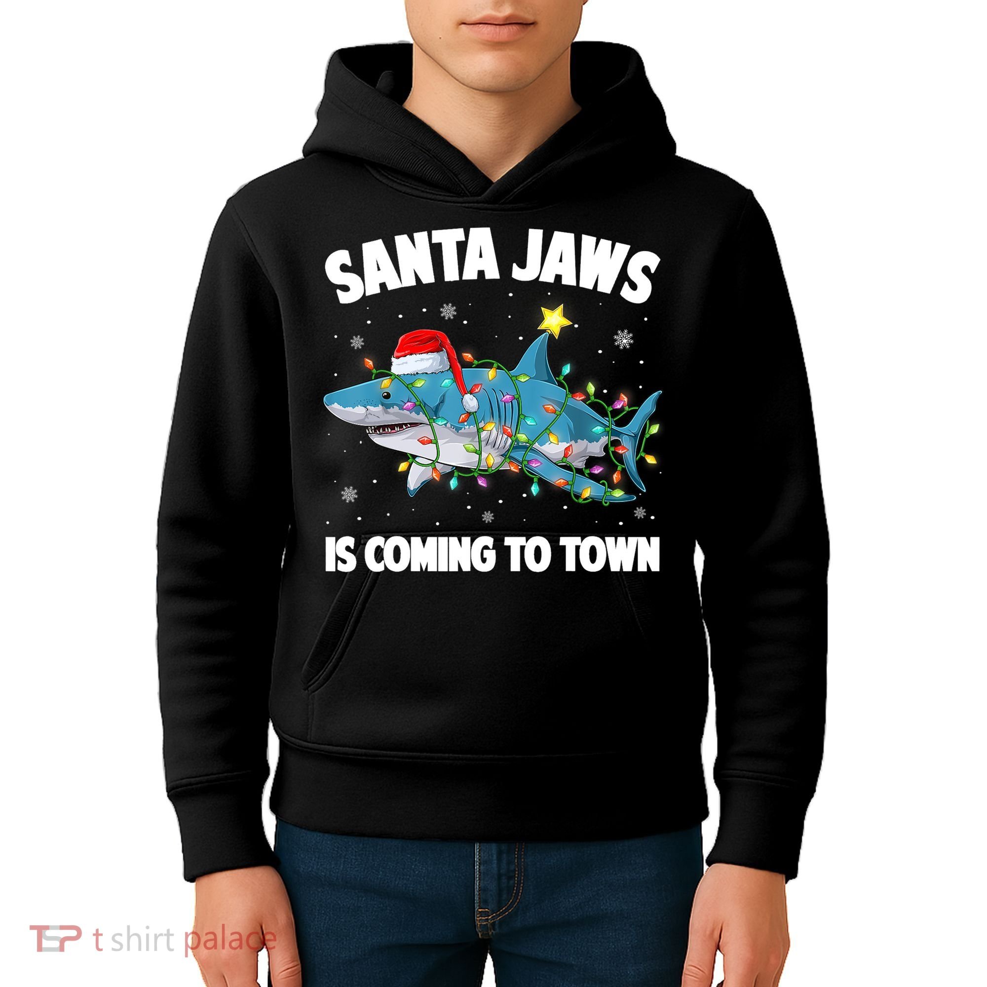 Santa Jaws Shark Christmas Lights Merry Sharkmas Xmas Boys TShirt Kids Hoodie
