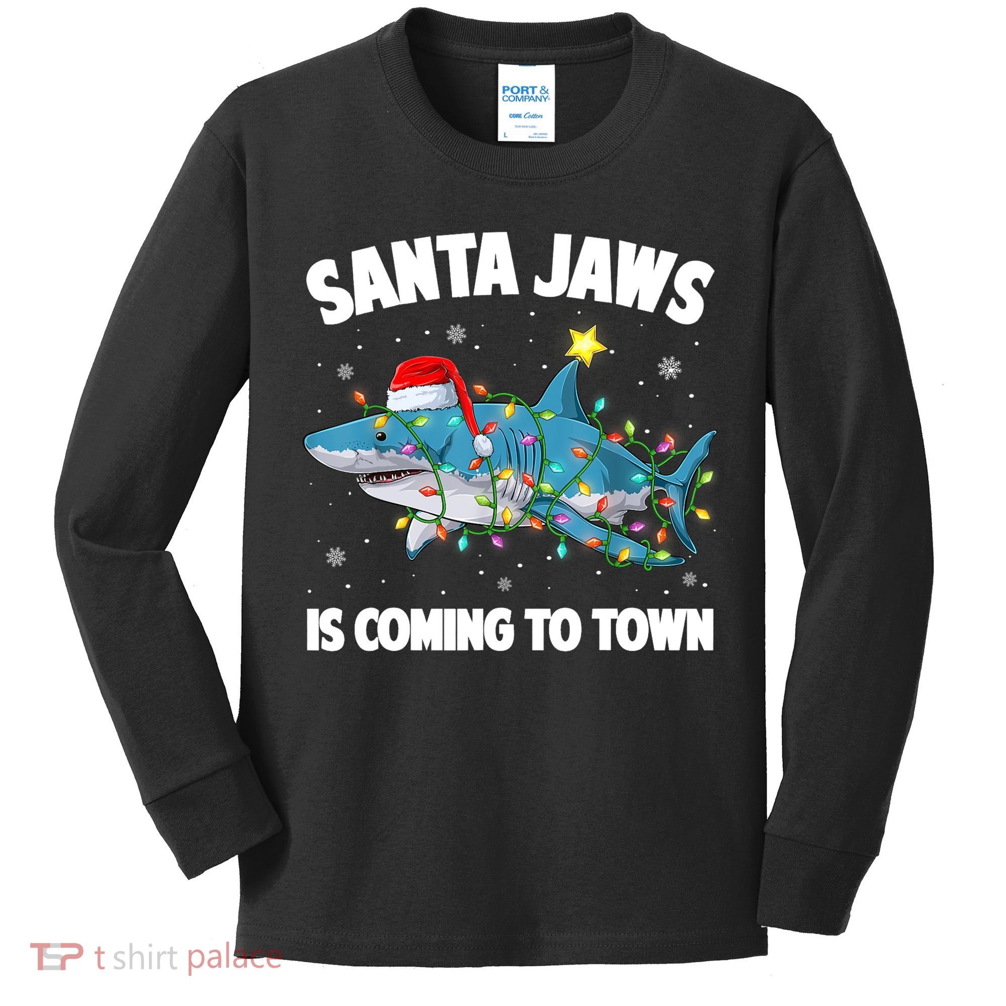 Santa Jaws Shark Christmas Lights Merry Sharkmas Xmas Boys TShirt Kids Long Sleeve Shirt