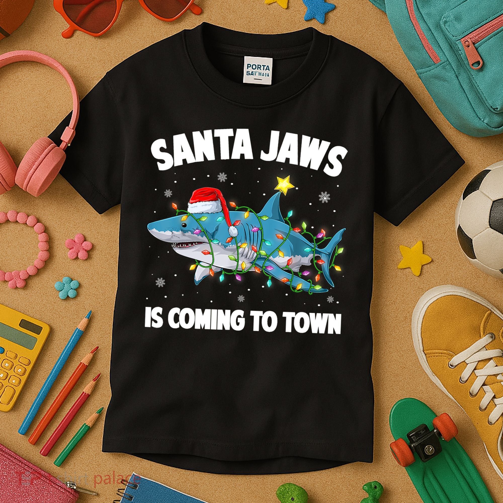Santa Jaws Shark Christmas Lights Merry Sharkmas Xmas Boys TShirt Kids T-Shirt