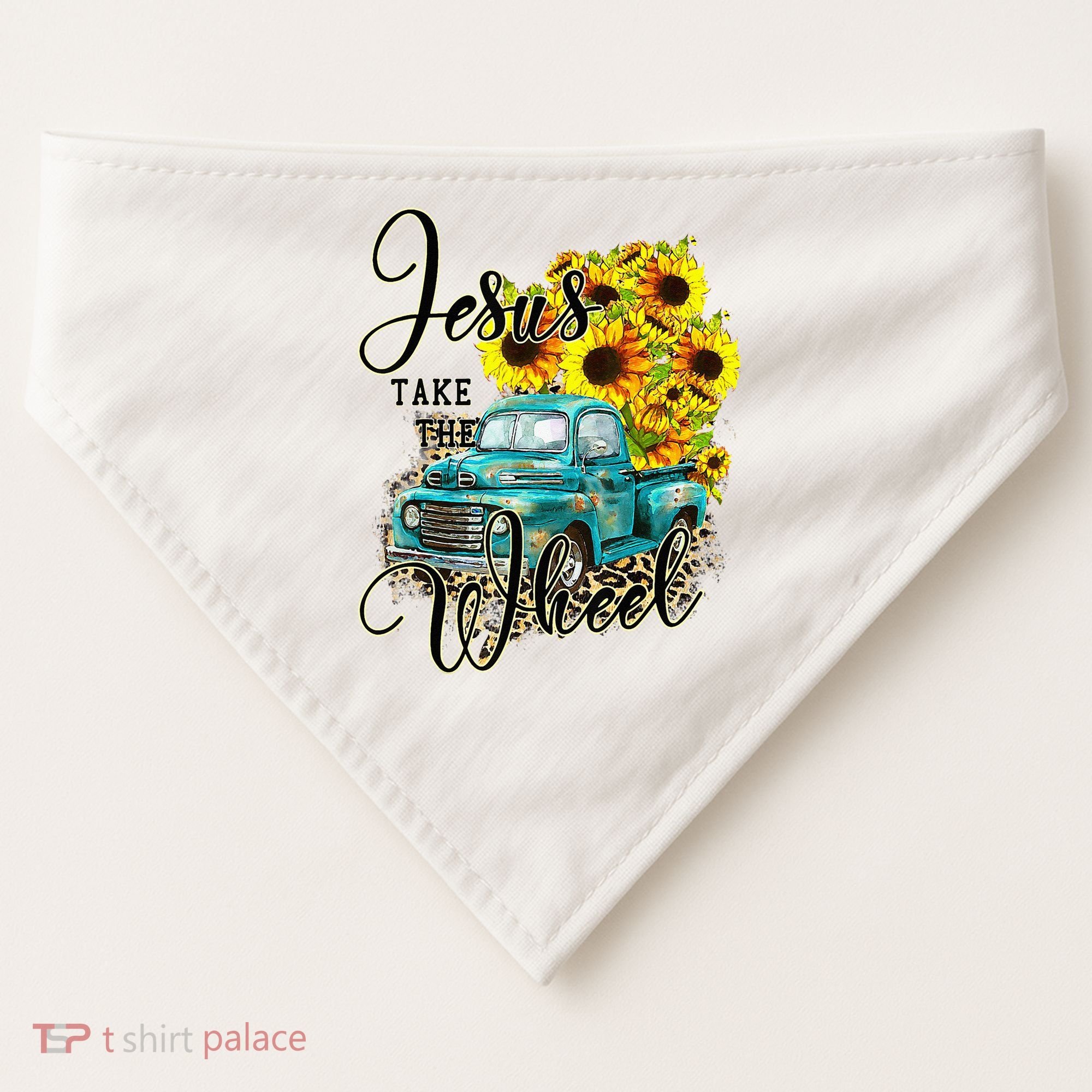 Sunflower Jesus Take The Wheel Christian Gift Leopard Print USA-Made Doggie Bandana