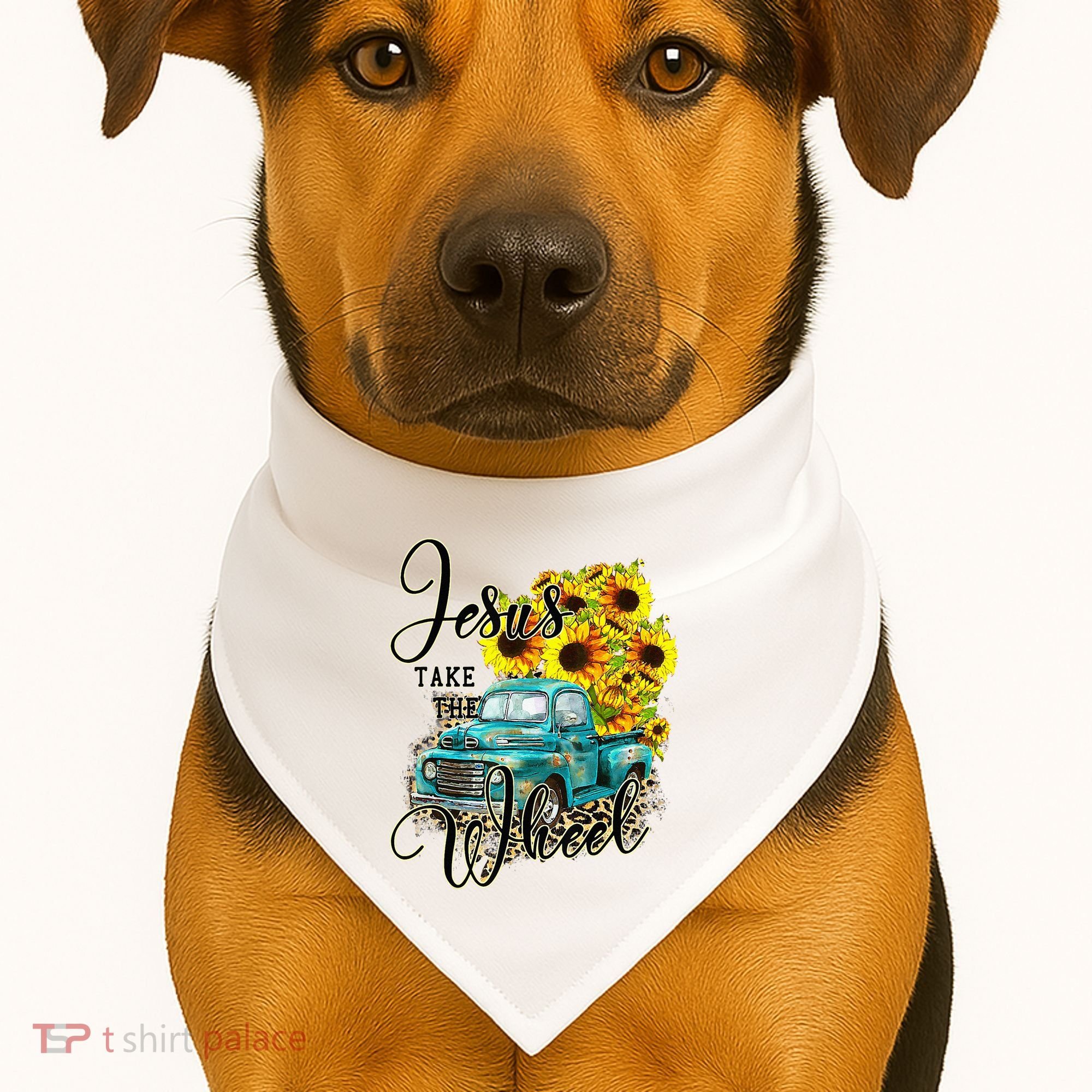 Sunflower Jesus Take The Wheel Christian Gift Leopard Print USA-Made Doggie Bandana