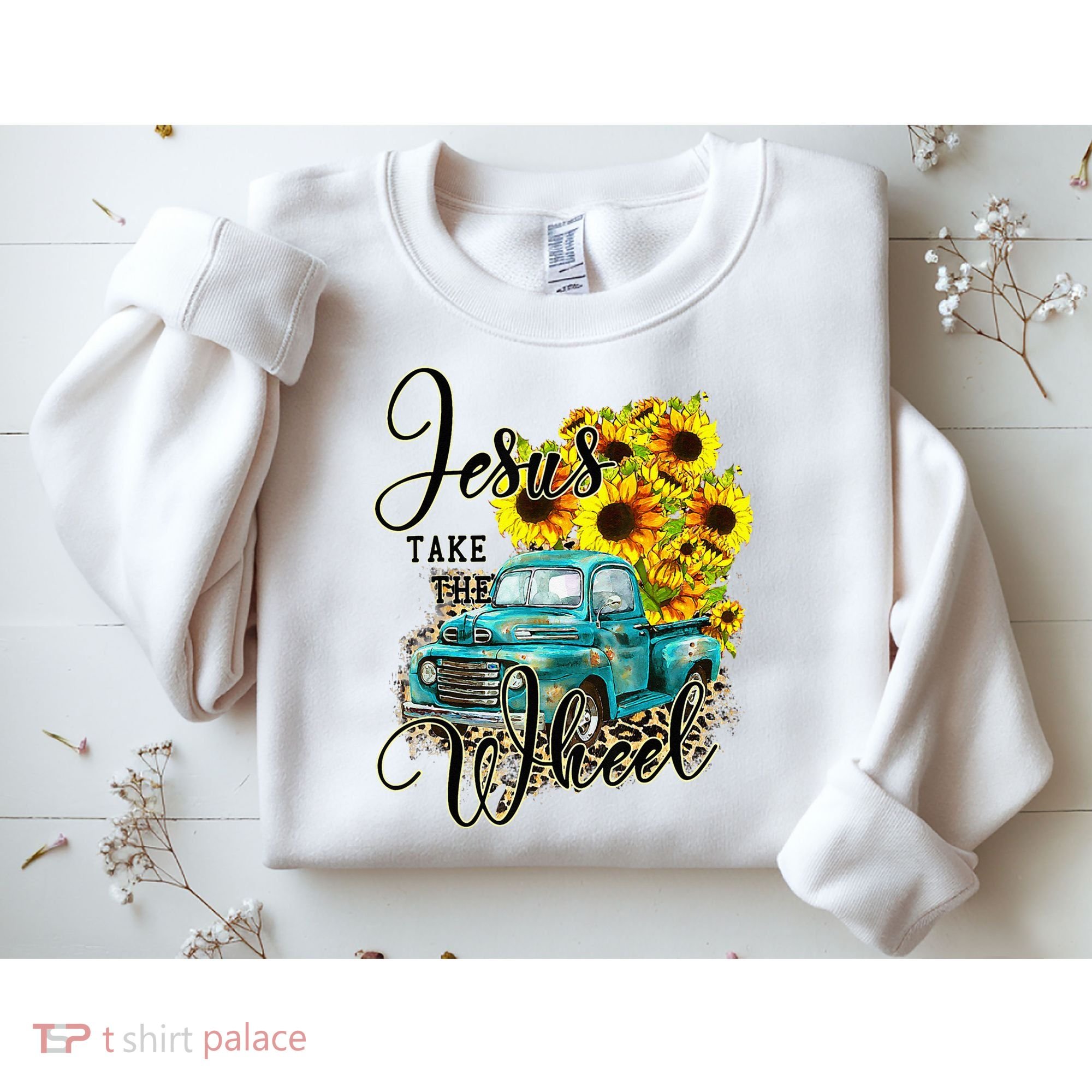 Sunflower Jesus Take The Wheel Christian Gift Leopard Print Sweatshirt