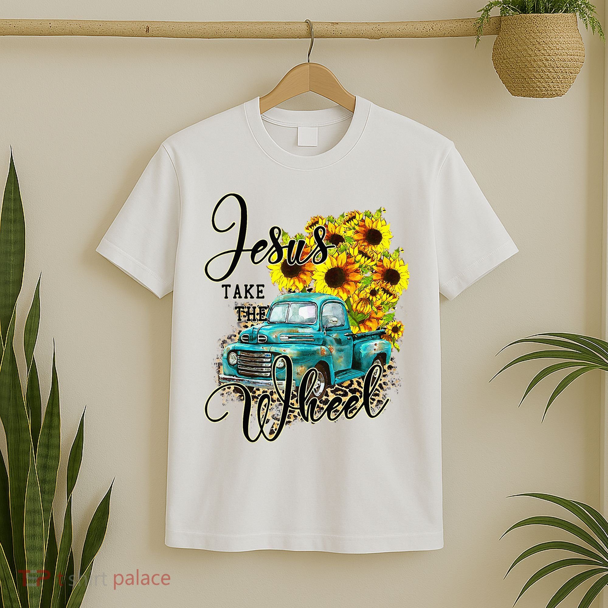 Sunflower Jesus Take The Wheel Christian Gift Leopard Print T-Shirt