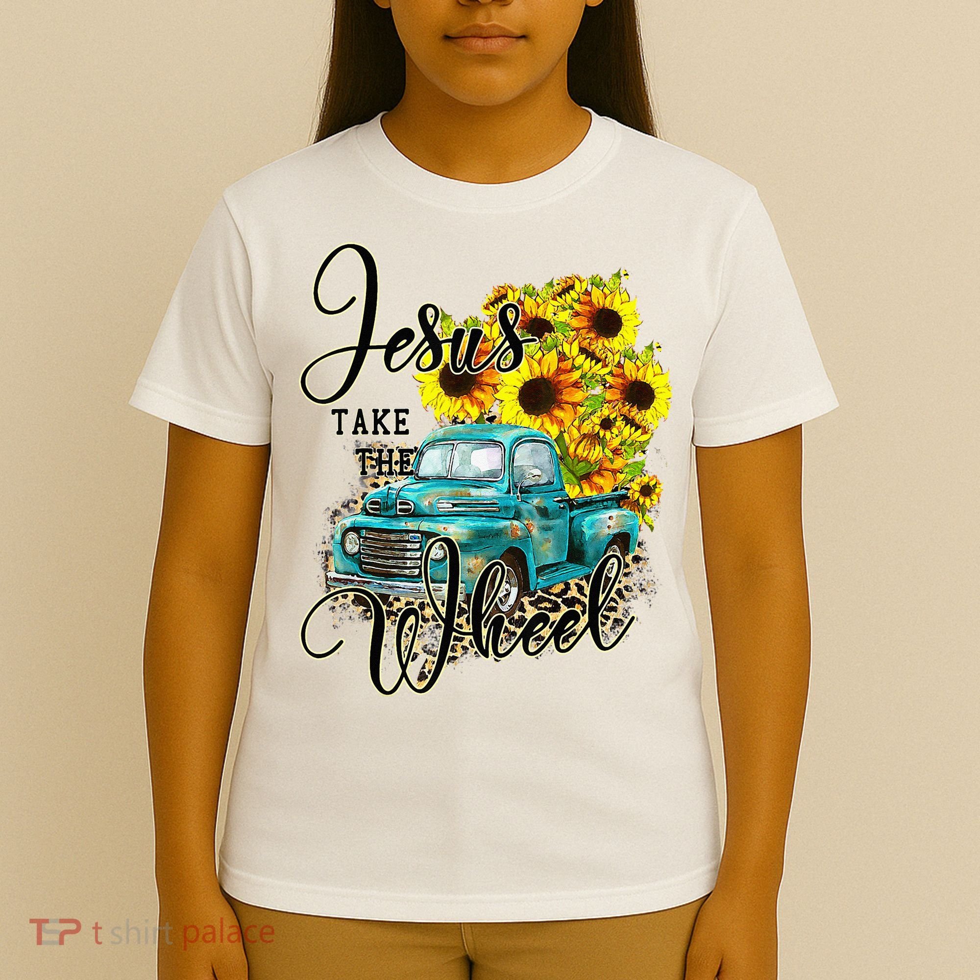 Sunflower Jesus Take The Wheel Christian Gift Leopard Print T-Shirt