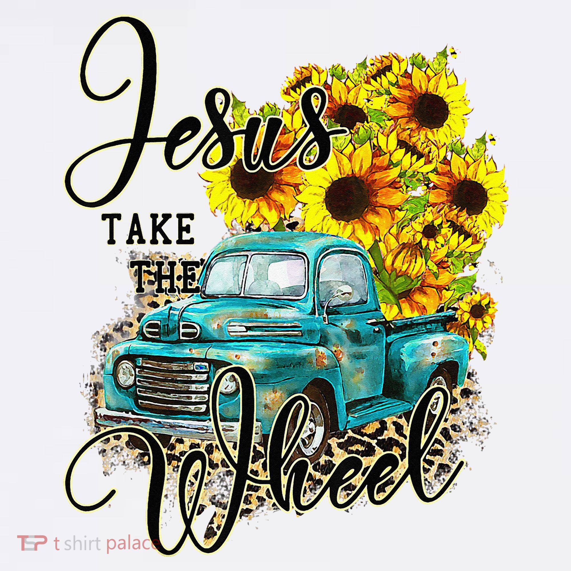Sunflower Jesus Take The Wheel Christian Gift Leopard Print T-Shirt