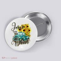 Sunflower Jesus Take The Wheel Christian Gift Leopard Print Button thumb 0