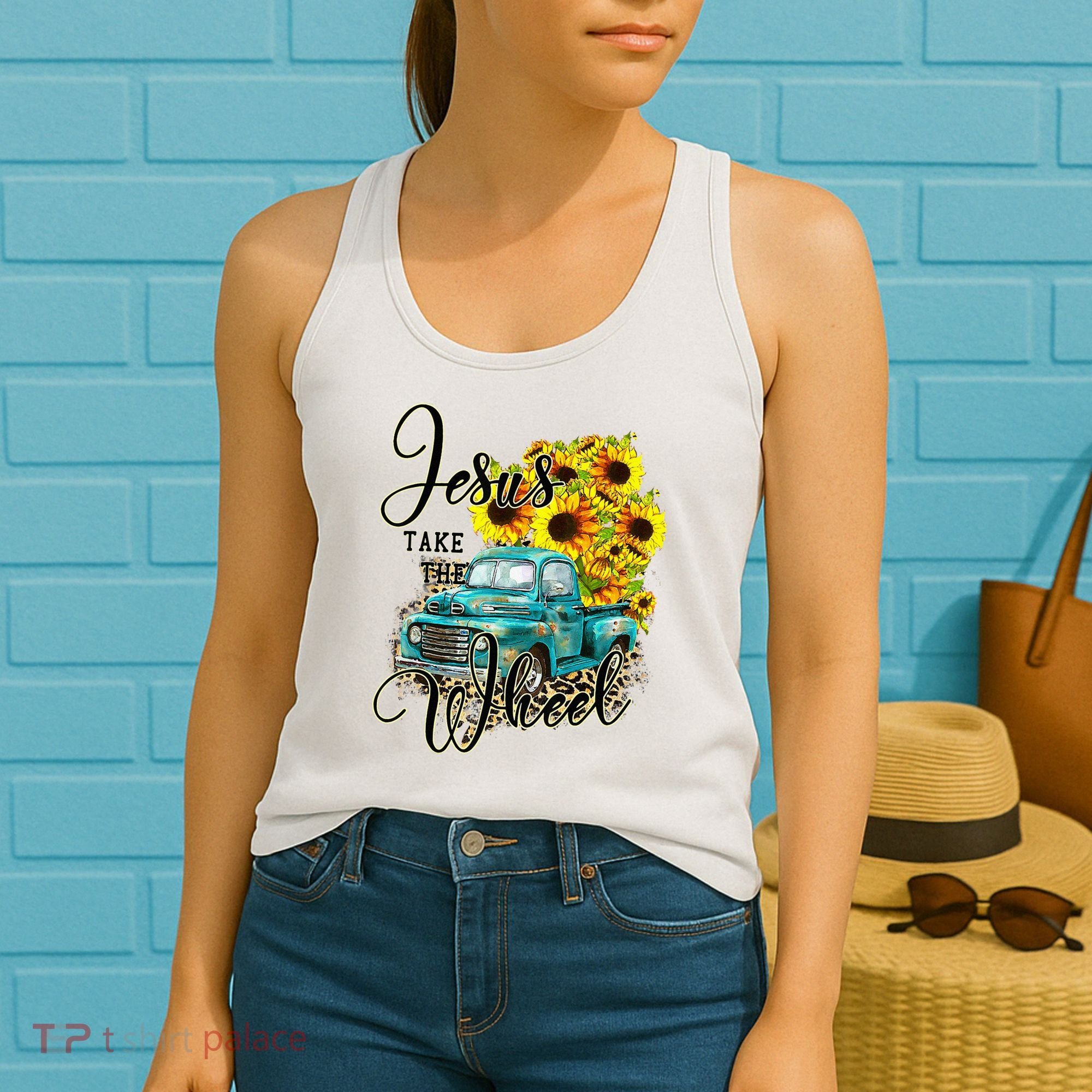 Sunflower Jesus Take The Wheel Christian Gift Leopard Print Women's Tank Top