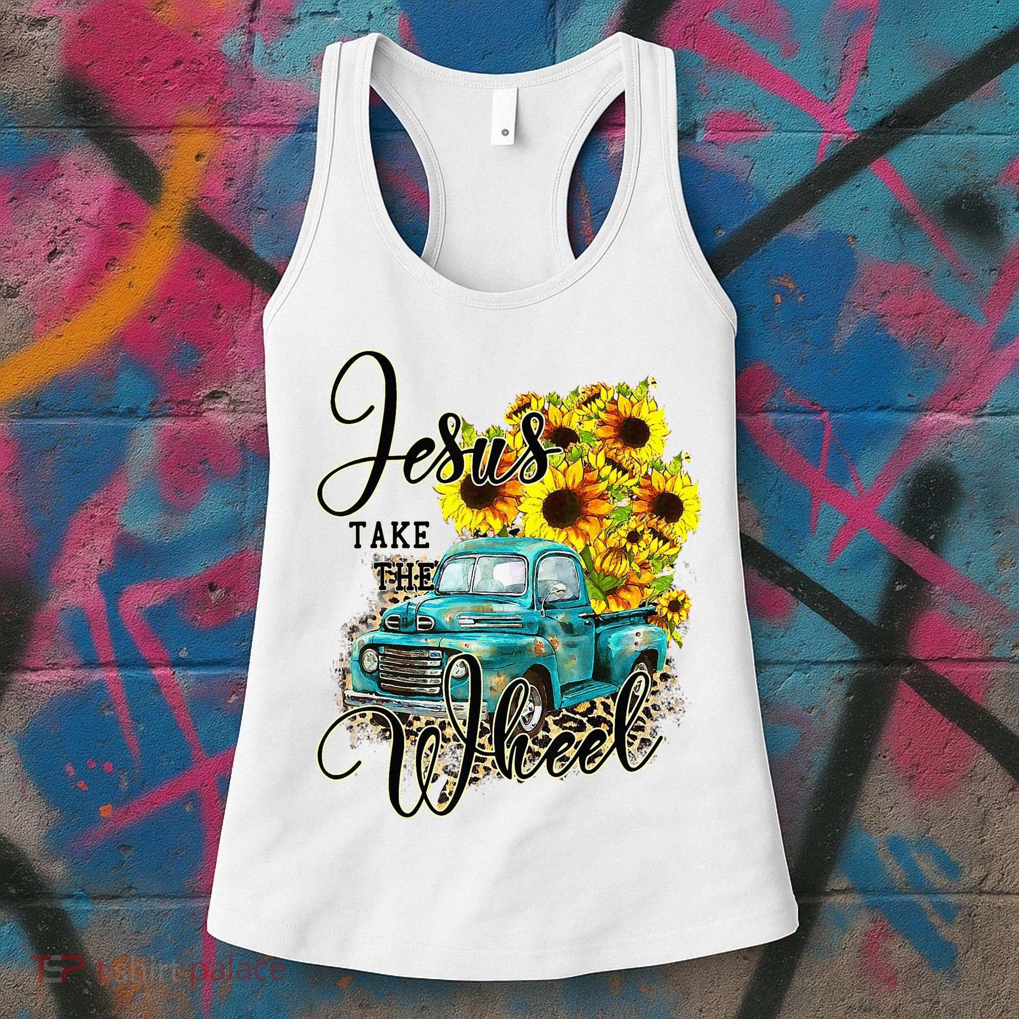 Sunflower Jesus Take The Wheel Christian Gift Leopard Print Women's Tank Top