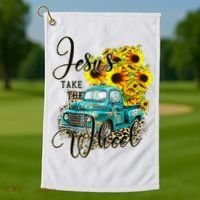 Sunflower Jesus Take The Wheel Christian Gift Leopard Print Golf Towel thumb 1