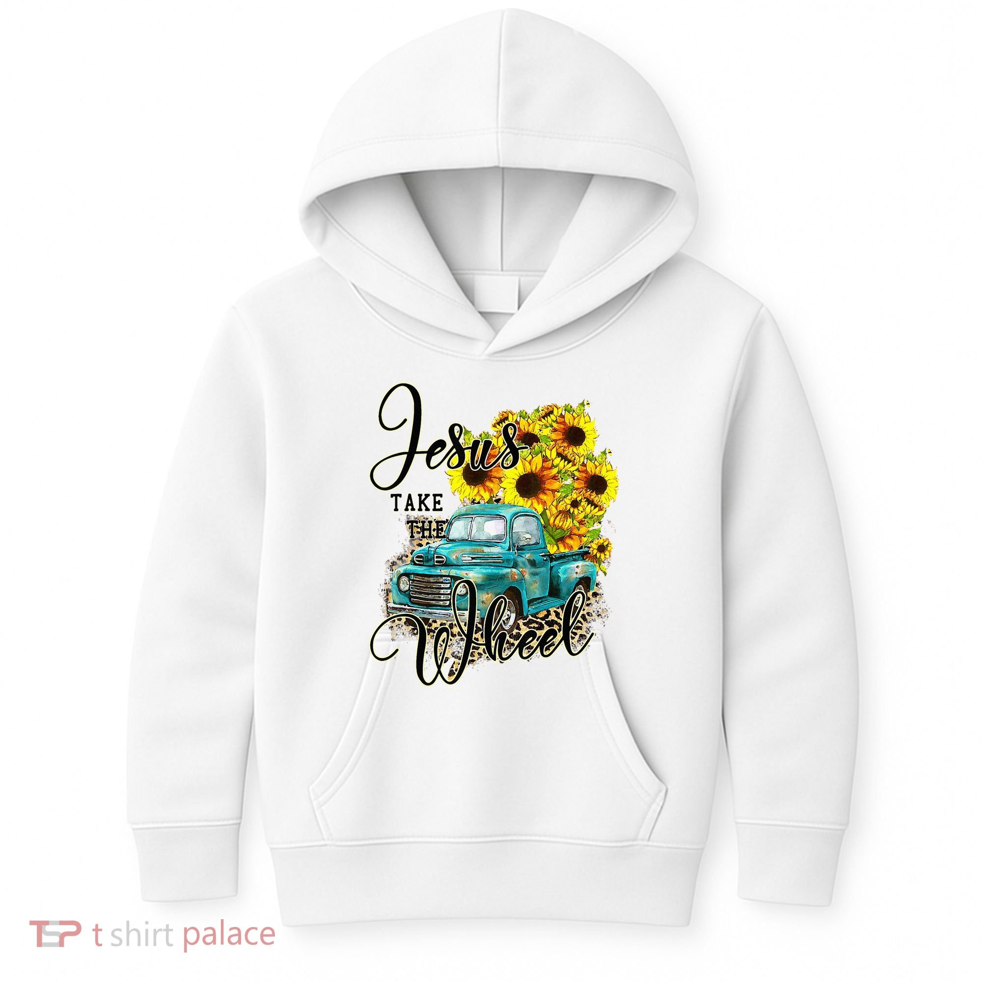 Sunflower Jesus Take The Wheel Christian Gift Leopard Print Kids Hoodie