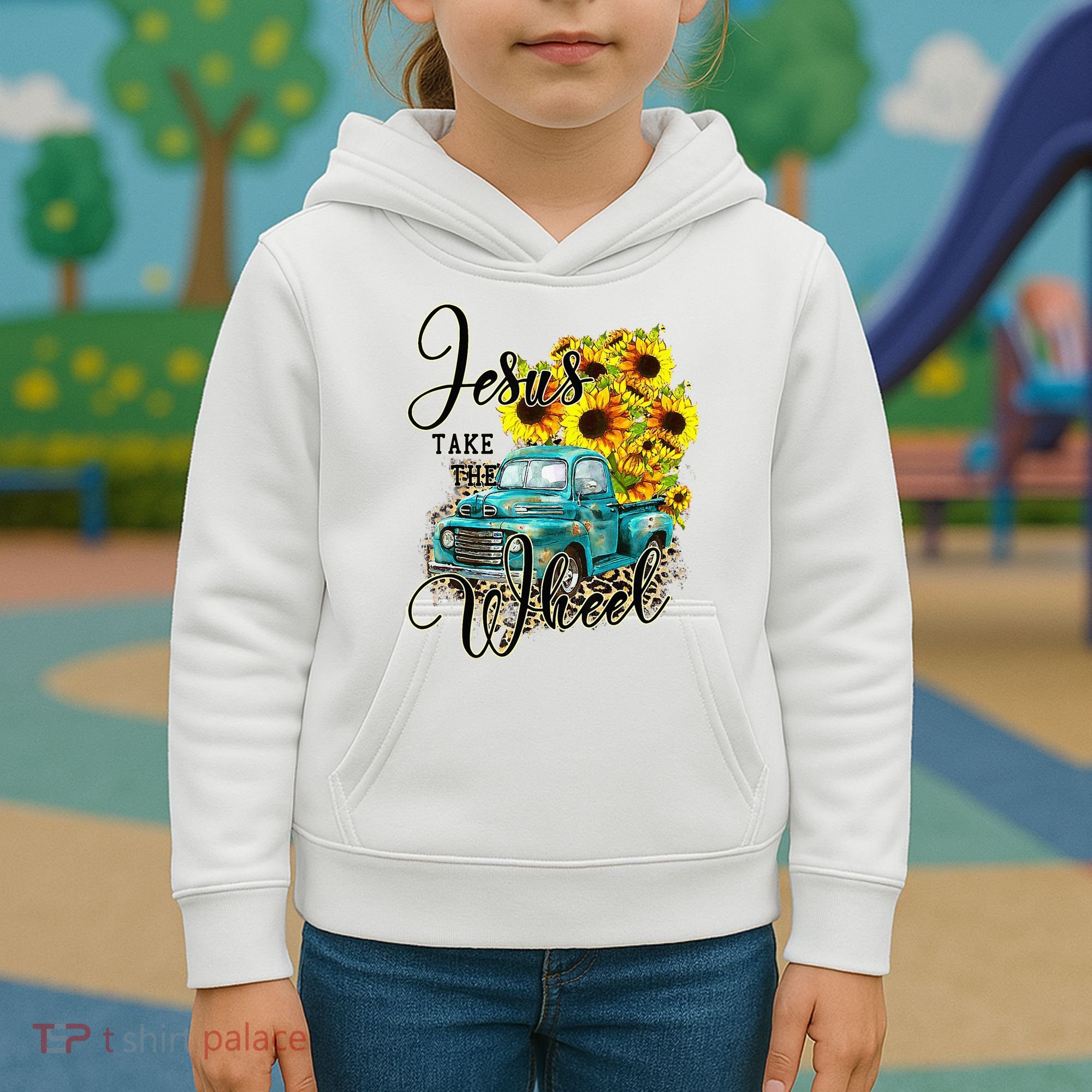 Sunflower Jesus Take The Wheel Christian Gift Leopard Print Kids Hoodie