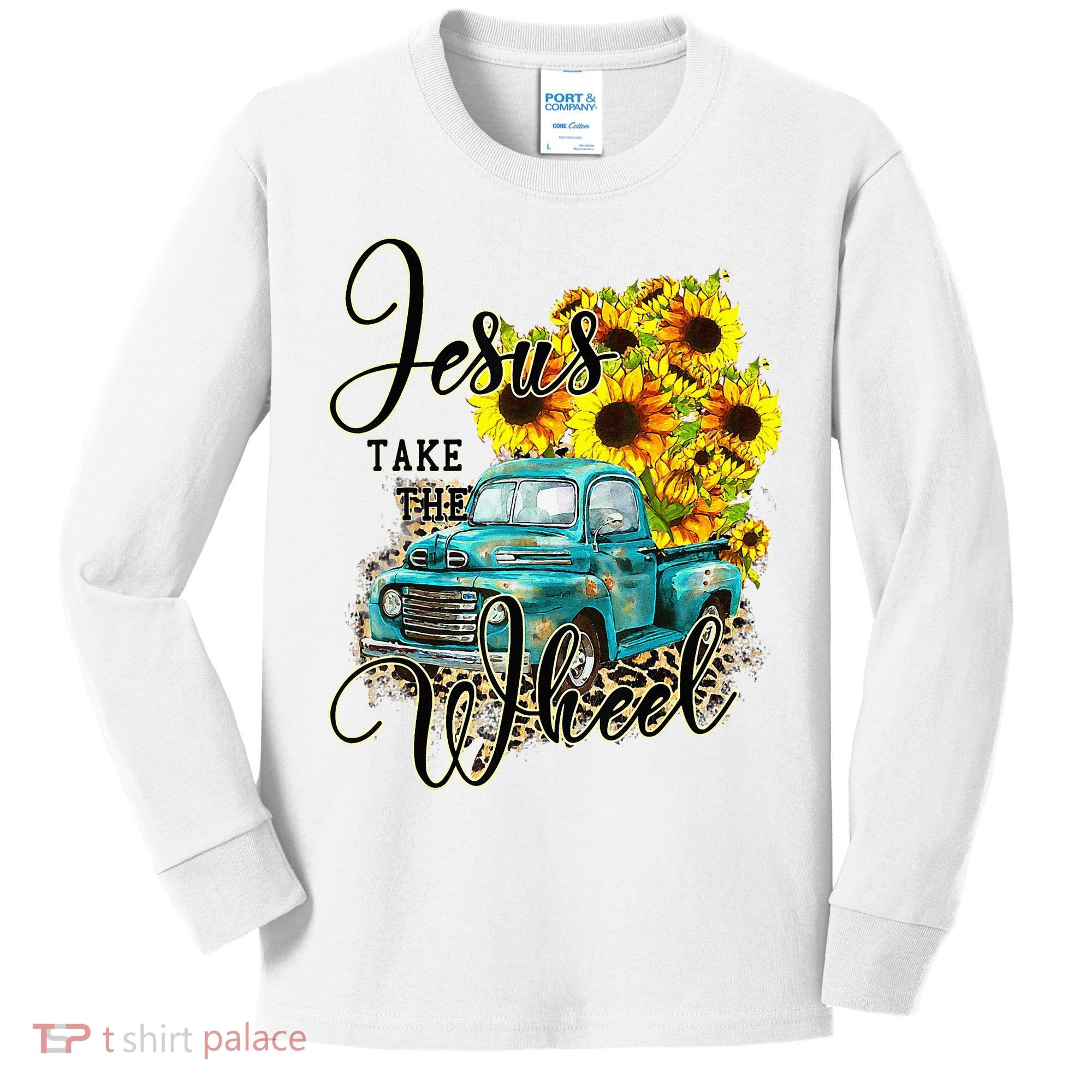 Sunflower Jesus Take The Wheel Christian Gift Leopard Print Kids Long Sleeve Shirt