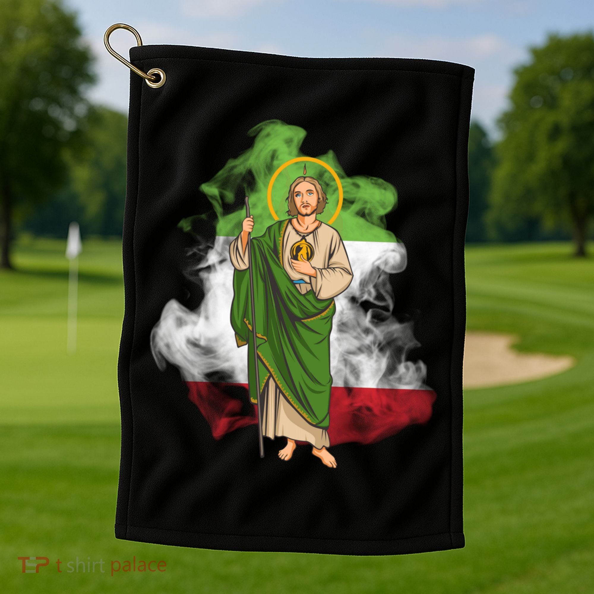 San Judas Tadeo con Bandera de México Golf Towel