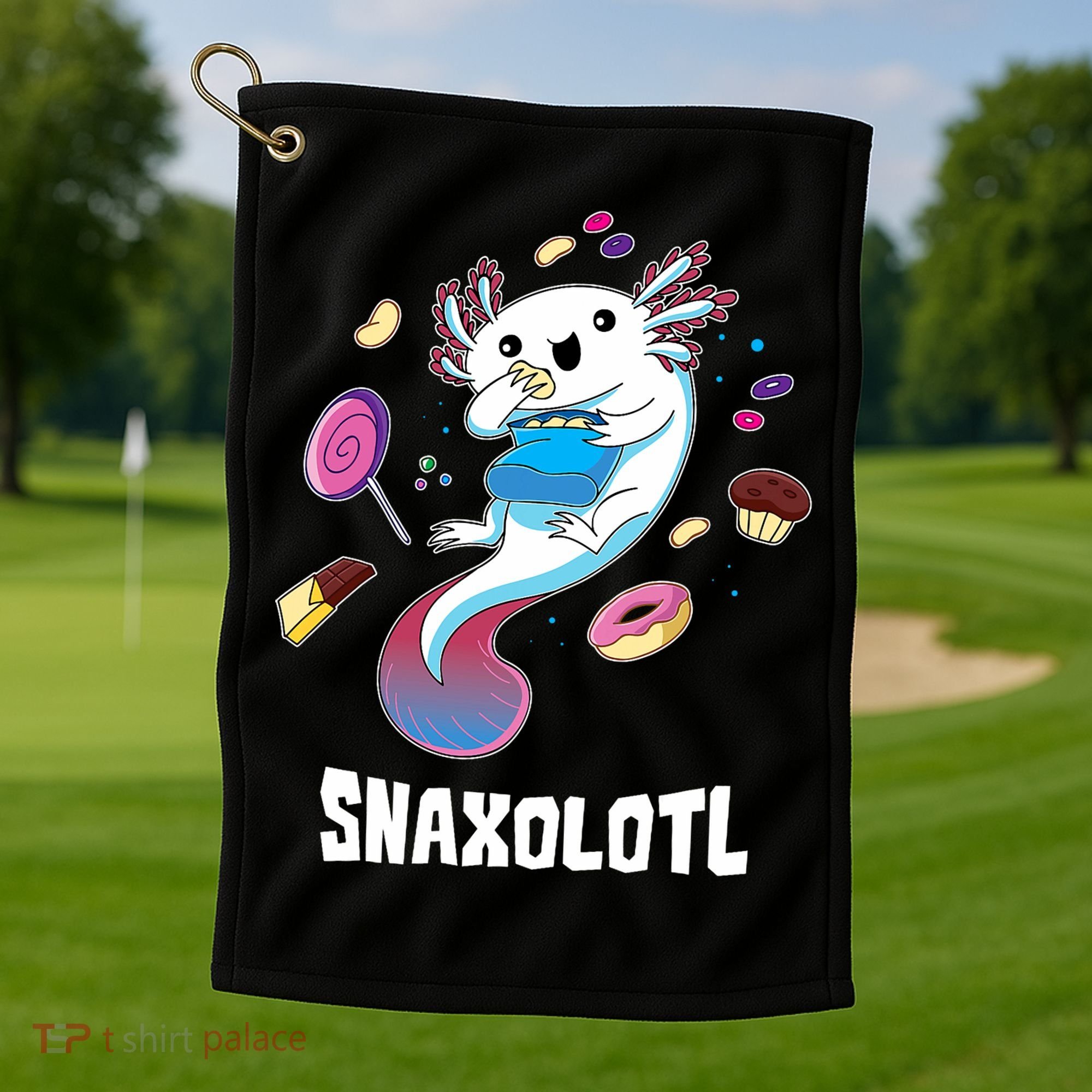 Snaxolotl Kawaii Axolotl Eats Candy Snacks Amphibian Golf Towel
