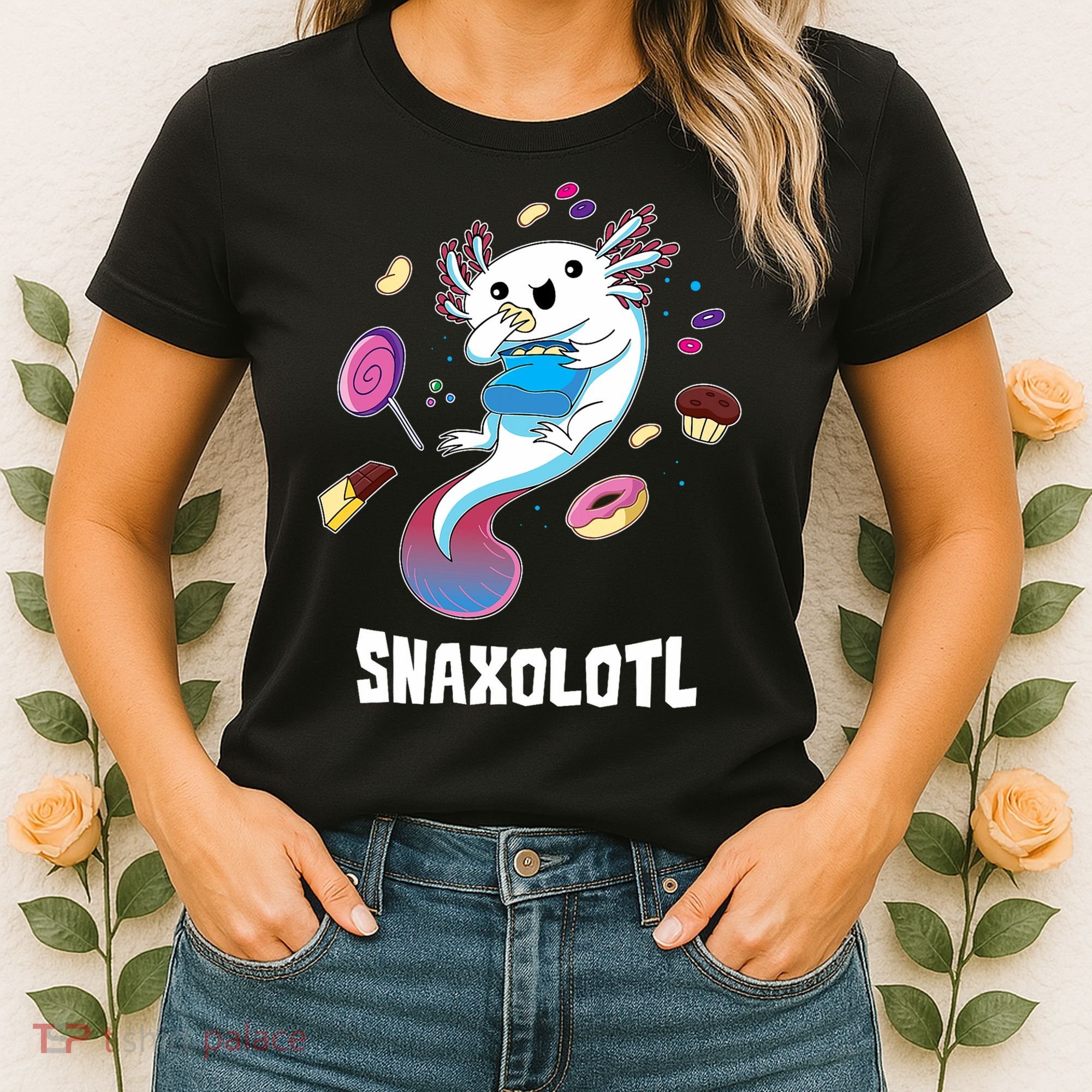 Snaxolotl Kawaii Axolotl Eats Candy Snacks Amphibian Women's T-Shirt