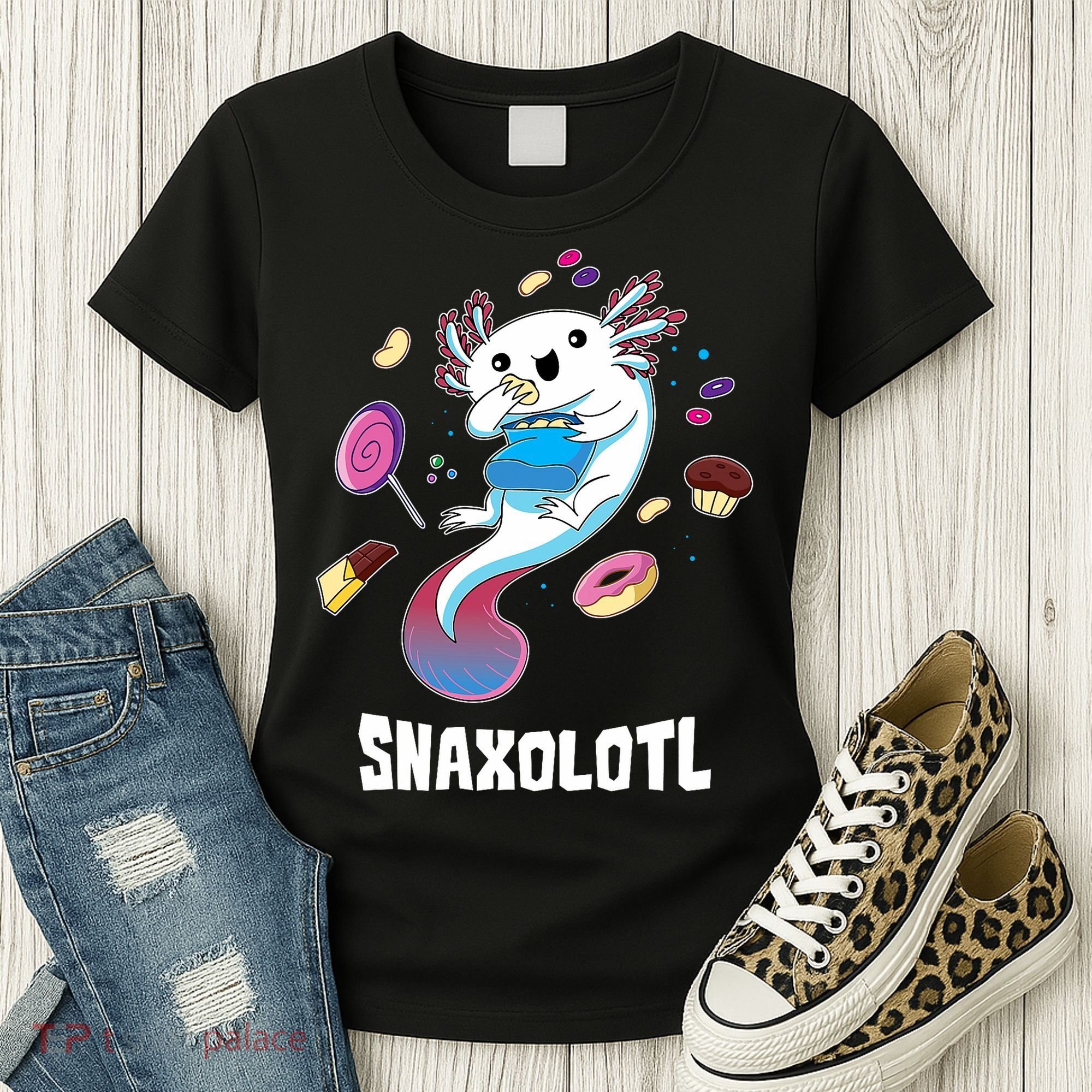 Snaxolotl Kawaii Axolotl Eats Candy Snacks Amphibian Women's T-Shirt