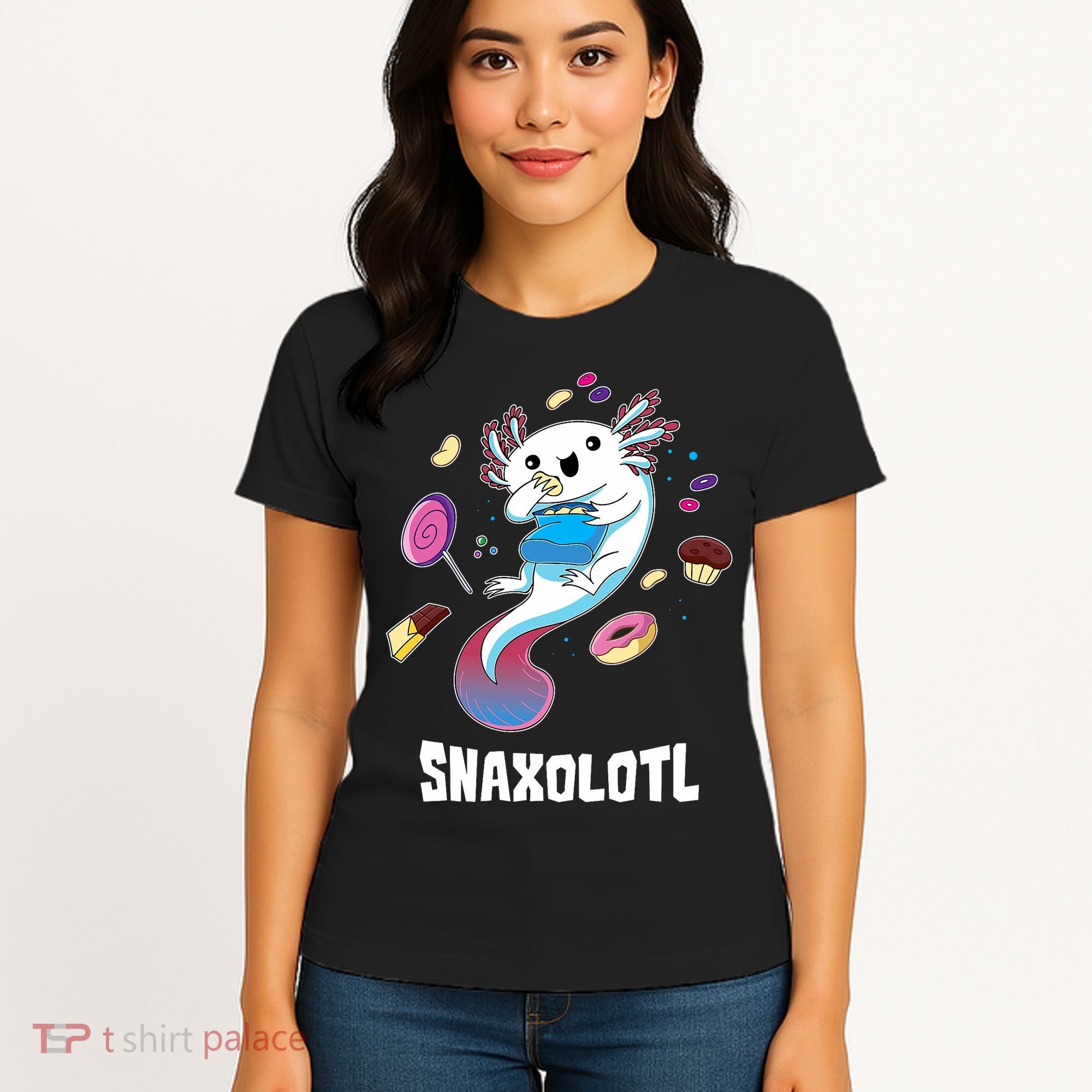 Snaxolotl Kawaii Axolotl Eats Candy Snacks Amphibian Women's T-Shirt