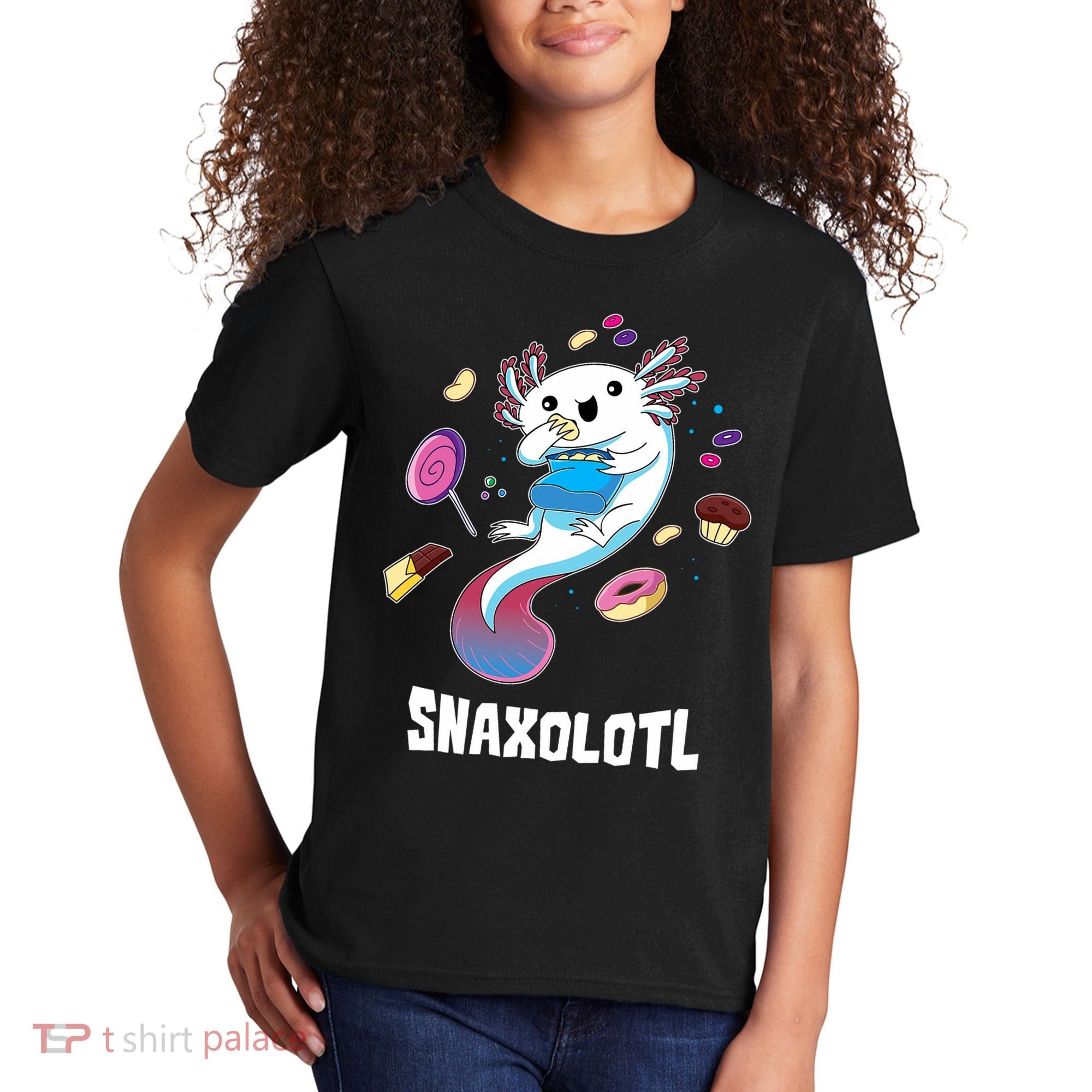 Snaxolotl Kawaii Axolotl Eats Candy Snacks Amphibian Kids T-Shirt