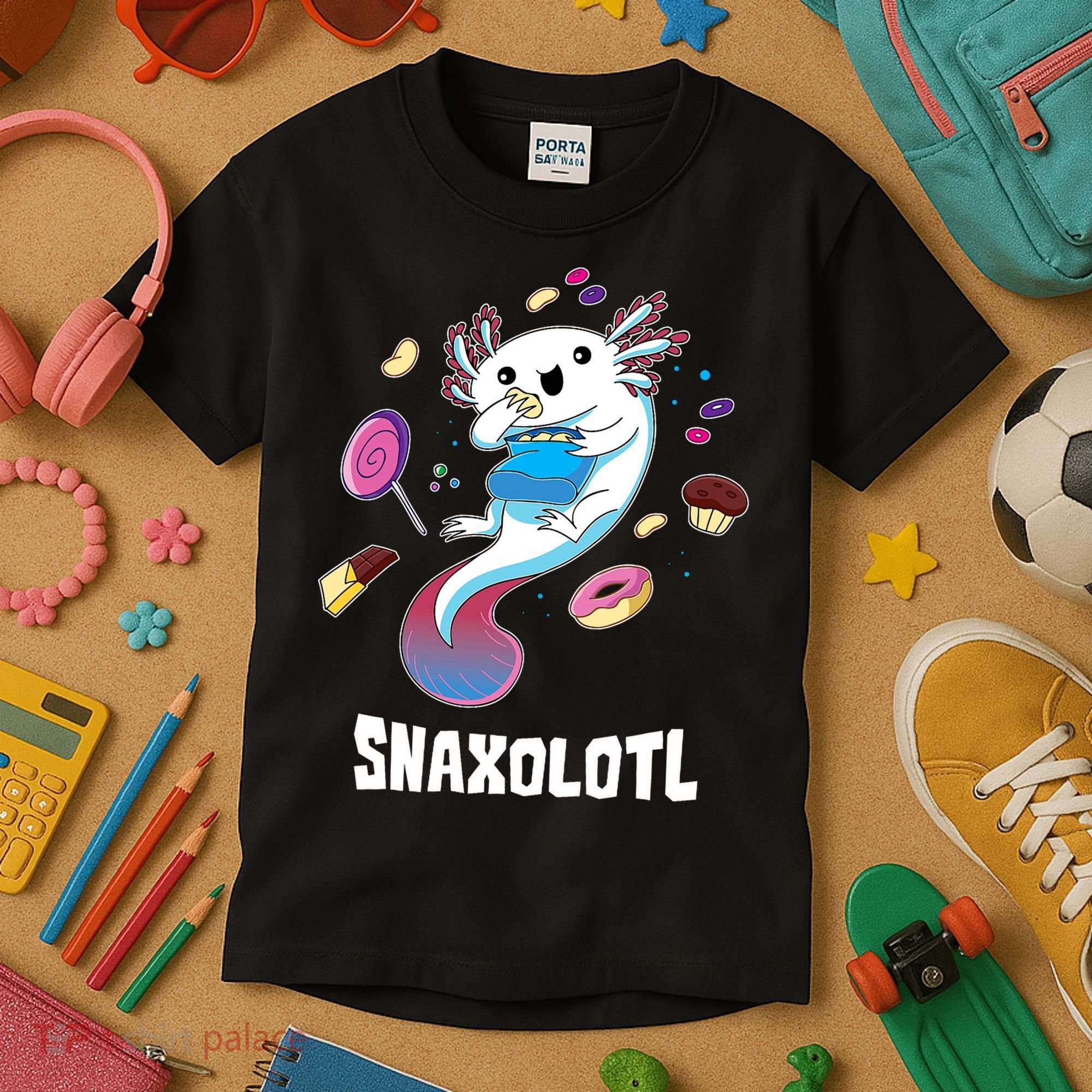 Snaxolotl Kawaii Axolotl Eats Candy Snacks Amphibian Kids T-Shirt