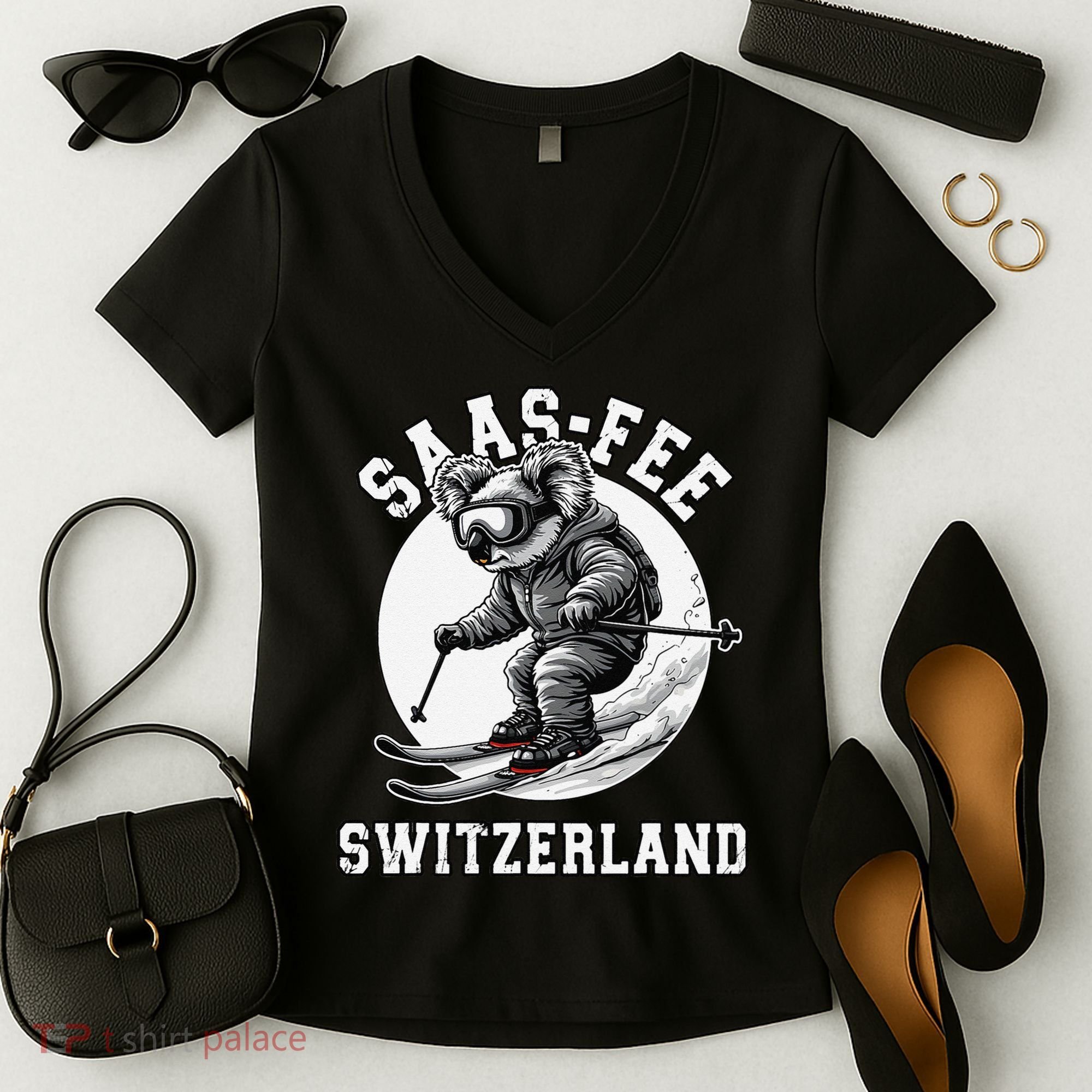 Saas-Fee Koala Bear Ski Resort Swiss Alps Skiing Women's V-Neck T-Shirt
