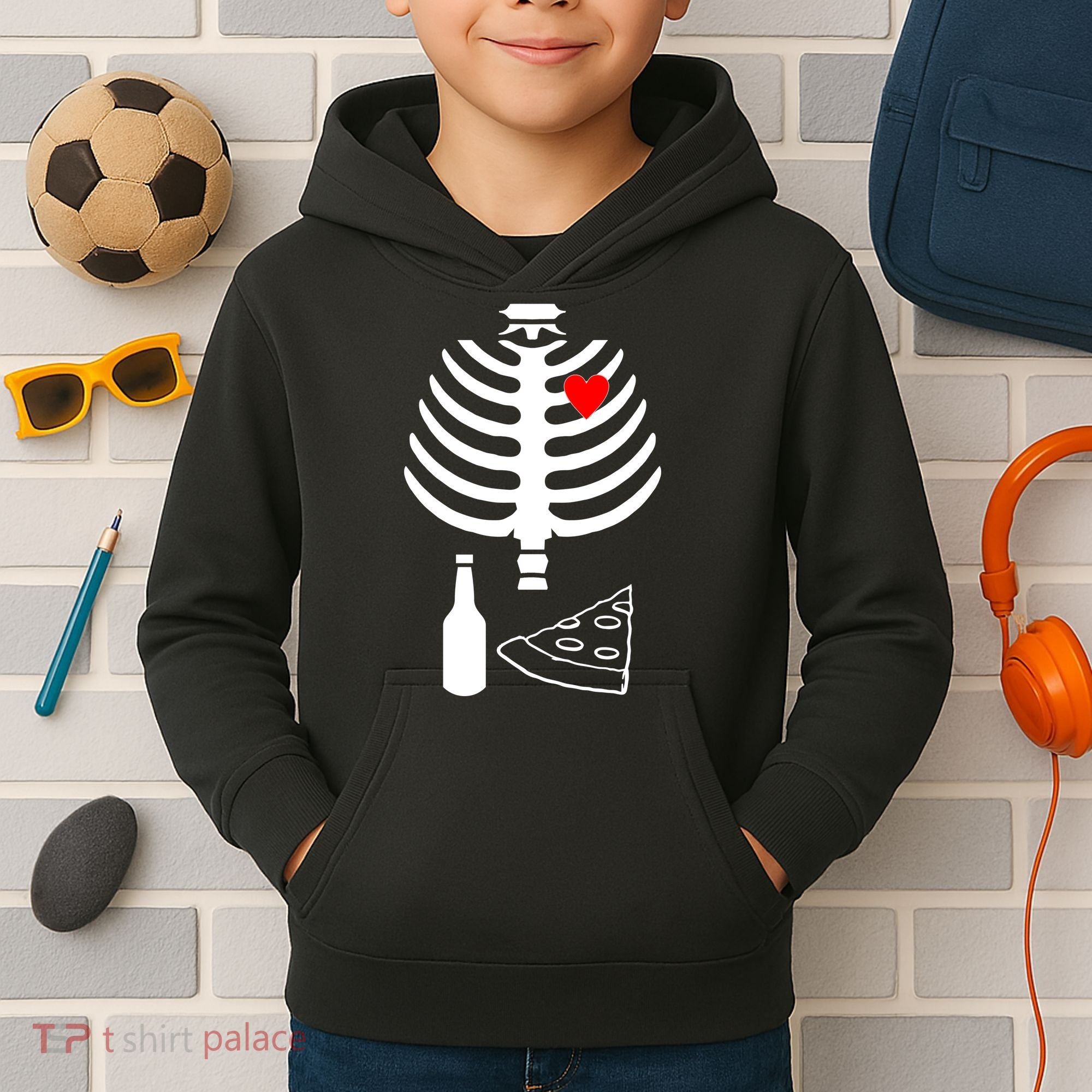 Skeleton Pizza Beer Rib cage Kids Hoodie