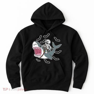 Skeleton Riding Shark Funny Halloween Hoodie