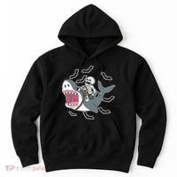 Skeleton Riding Shark Funny Halloween Hoodie thumb 0