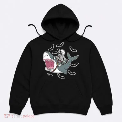 Skeleton Riding Shark Funny Halloween Hoodie
