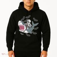 Skeleton Riding Shark Funny Halloween Hoodie thumb 2