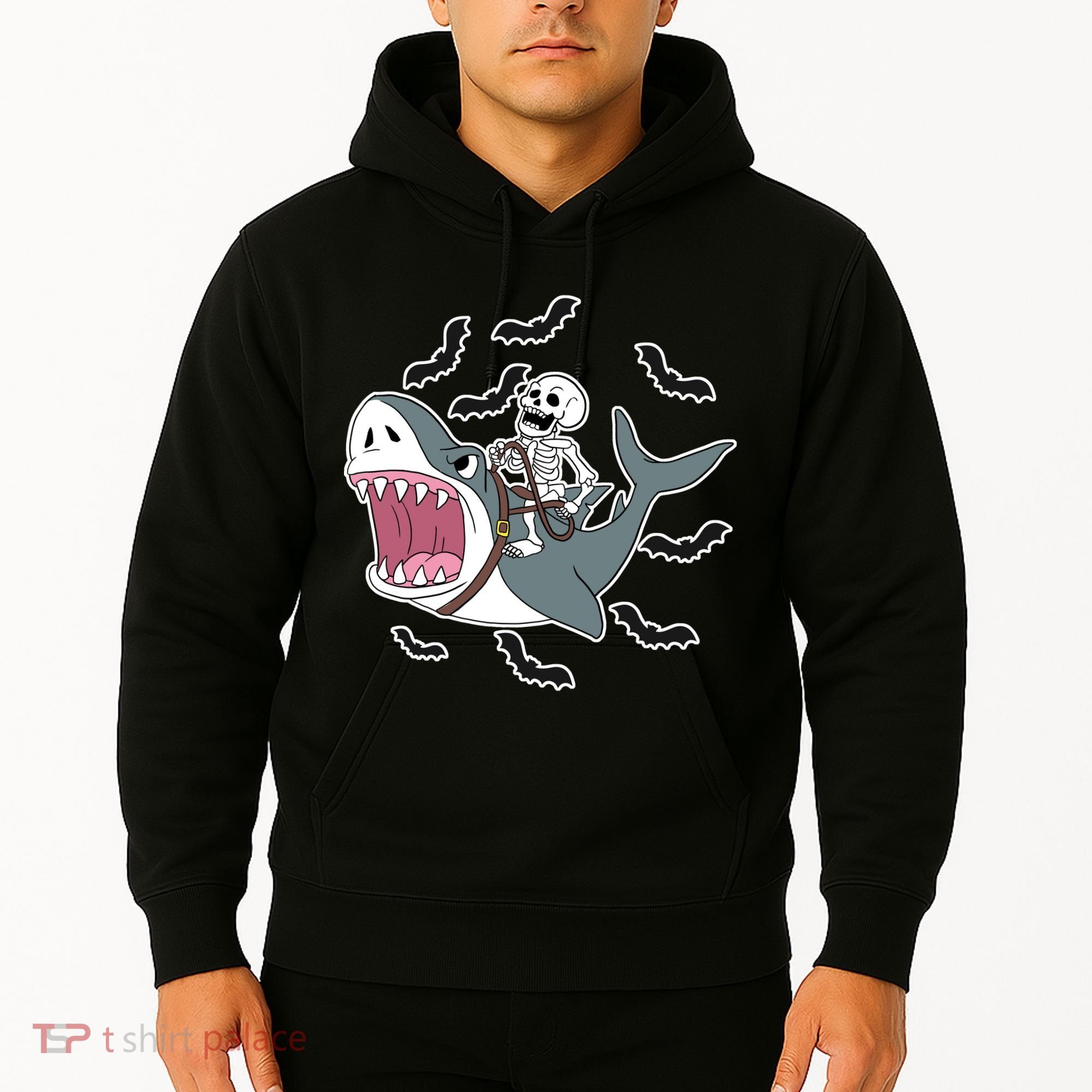 Skeleton Riding Shark Funny Halloween Hoodie