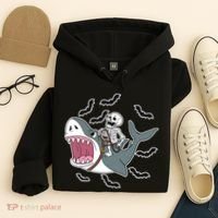 Skeleton Riding Shark Funny Halloween Hoodie thumb 4